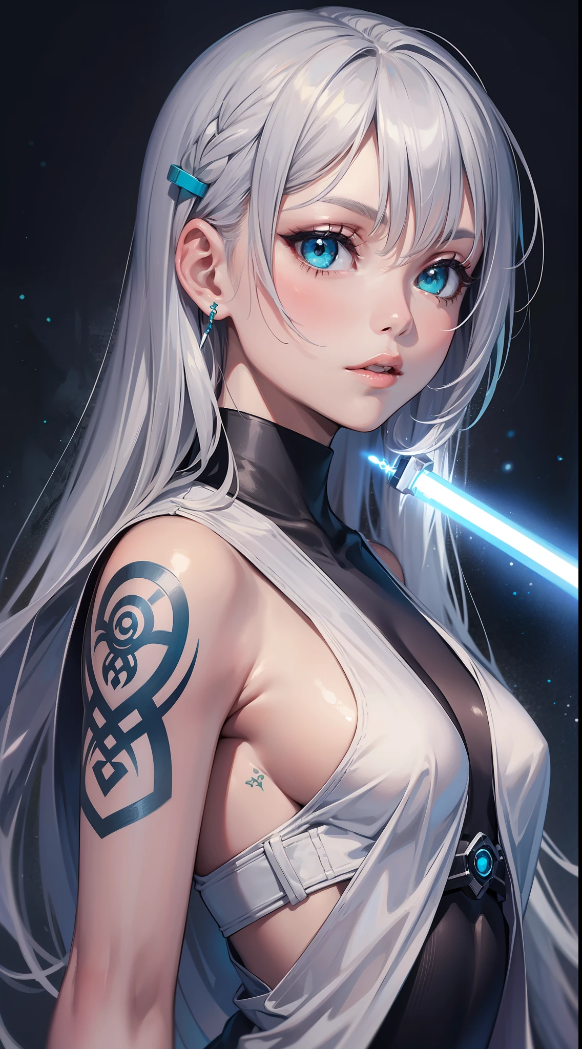 young girl, Long silver hair, turquoise eyes, white tattoos on the face, Rob Jedi, Lightsaber, Masterpiece, hig quality