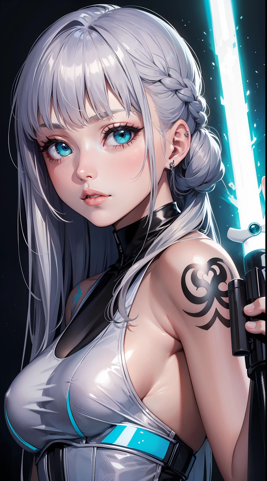 young girl, Long silver hair, turquoise eyes, white tattoos on the face, Rob Jedi, Lightsaber, Masterpiece, hig quality