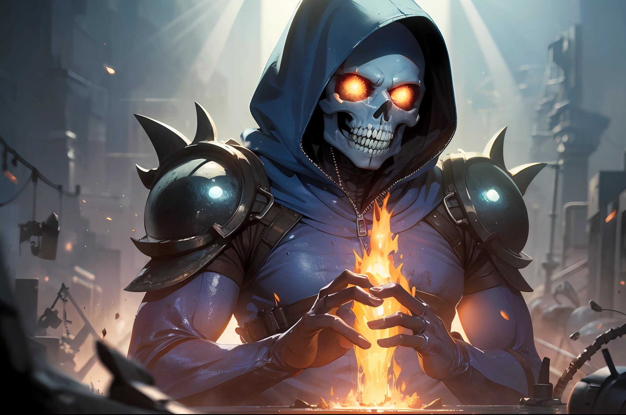 portrait of post-apocalyptic anthropomorphic skeletor from Masters of the Universe, character design, blue hooded suit, boned skeletal body, the style of Jakub Rozalski and Mike Franchin, vibrant vintage colors throughout the scene, glassy eyes, realistic Hammer Horror-style environment, ((rays come out of his hands)), action, ((surreal atmosphere) ), cinematic, natural lighting, intricate details, terror, horror, background blur, dark lighting, low light, render, ultra-realistic photography, bokhe, taken on a Canon EOS 5D, f8 aperture, Highly detailed, Engine 5, full resolution, octane render, Masterpiece, 8k, HR, HQ , 4D --auto --s2
