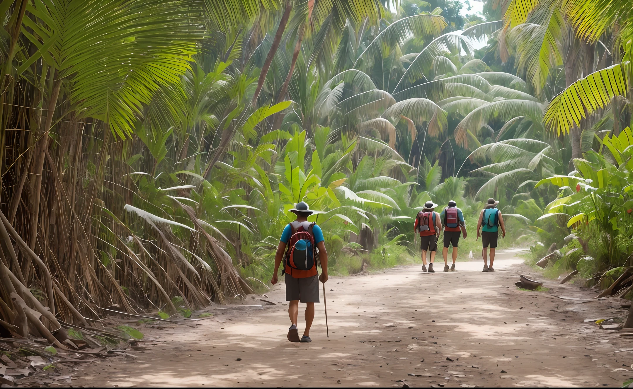 Indians walking through the Amazon jungle on a trail towards Eldorado. personagens masculinos e fenininos. pessoas perfeitas. cachorros na cena. natureza exuberante. insanamente detalhado. 4k, 8k. --auto --s2