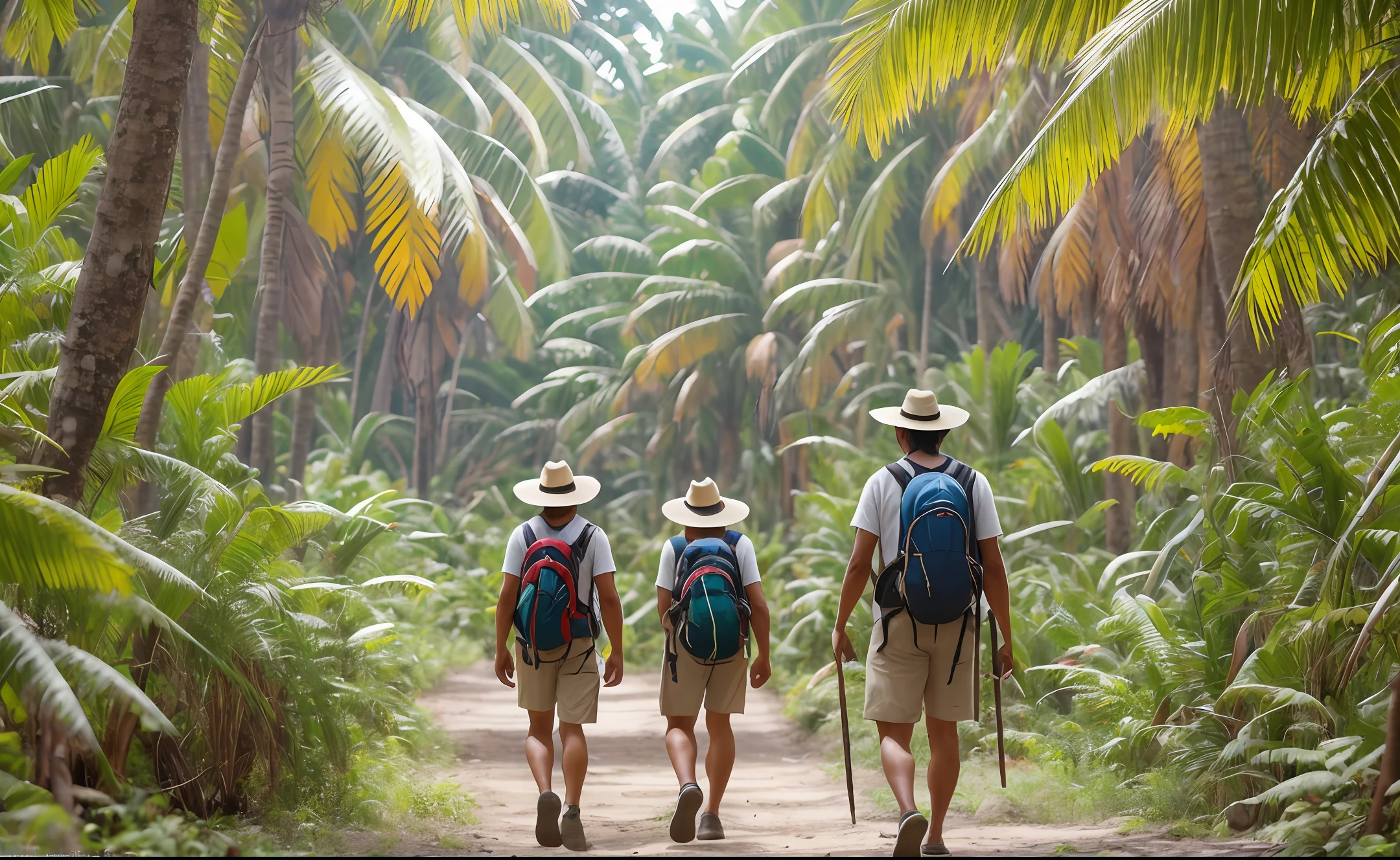 Indians walking through the Amazon jungle on a trail towards Eldorado. personagens masculinos e fenininos. pessoas perfeitas. cachorros na cena. natureza exuberante. insanamente detalhado. 4k, 8k. --auto --s2