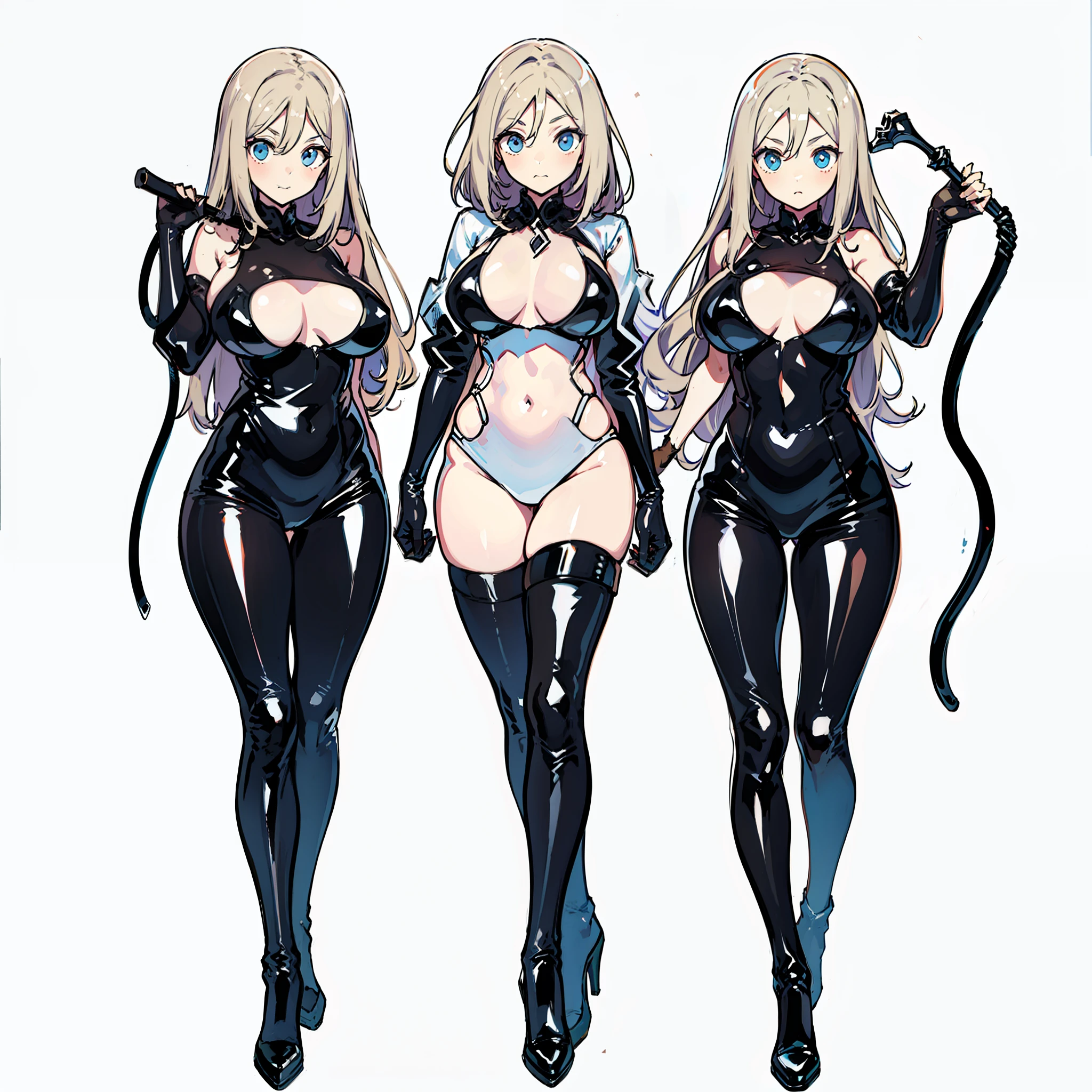 white background,full body character portrait,Set the chart,Gel coat,Holding a leather whip,Triplets