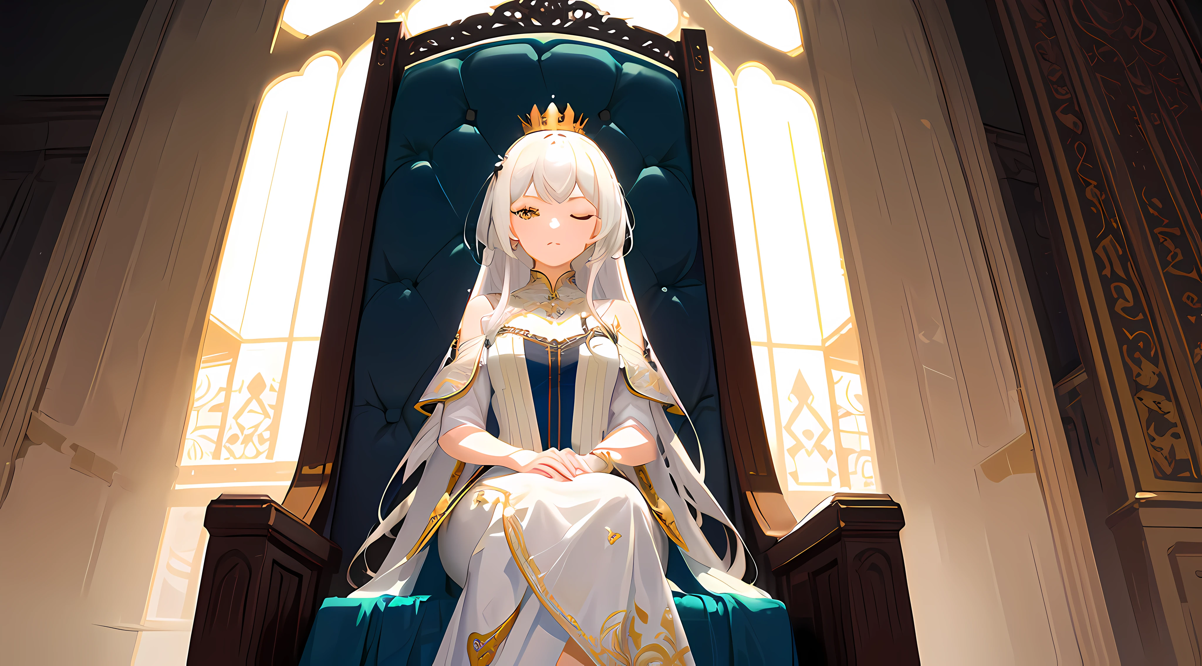 (Masterpiece:1.2), best quality, (illustration:1.2), (ultra-detailed), hyper details, (delicate detailed), (intricate details), (cinematic light, best quality Backlights), clear line, from below, soloist, perfect body, (1girl), white hair and yellow eyes, (emperor, black see-through clothes), (crown: 1.1), sitting on the throne, eyes slightly closed, head down, (shy: 1.2 ), (makeup), high contrast, (best illumination, an extremely create and beautiful), (cinematic light), colorful,