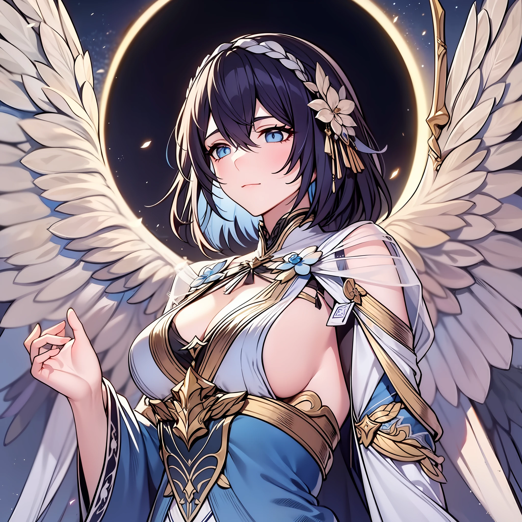 Mature tall woman, short unruly bright blue hair, pale blue eyes, deity, indifferent appearance, wings behind her back, golden light, white clothes