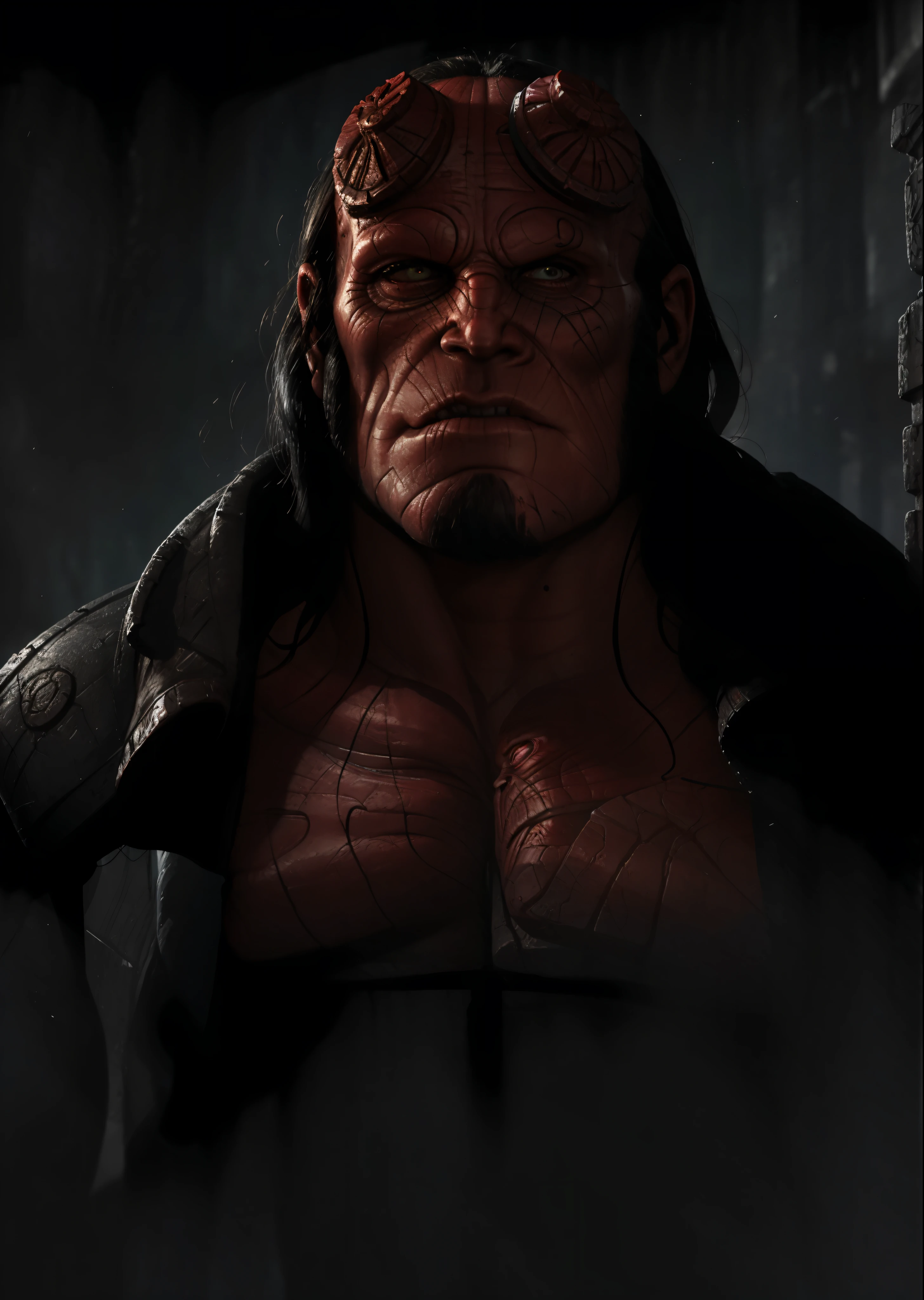 retrato close up, Hellboy, Motor Unreal 5, 8k.