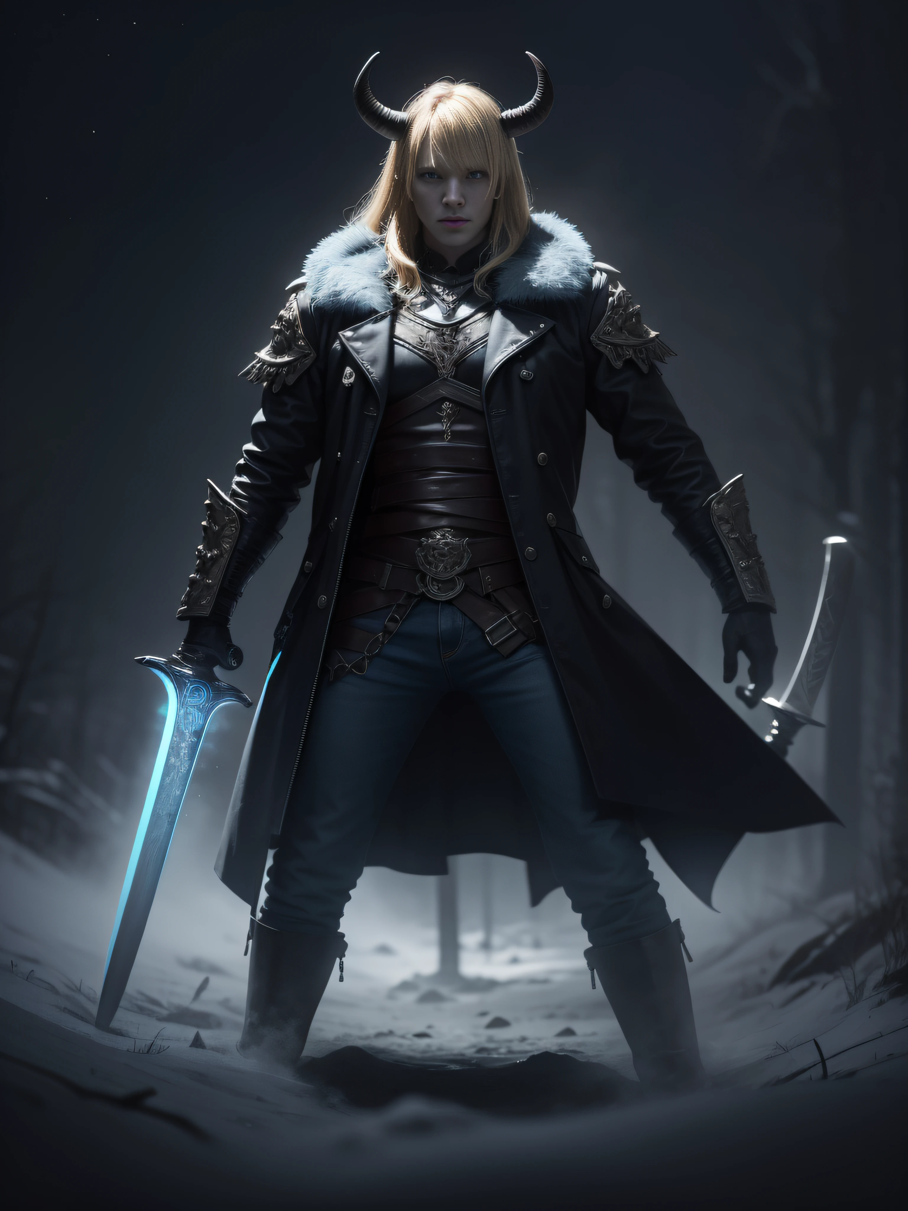 Full body portrait of girl with blond long hair and bangs, with black horns, wearing punk outfit, holding a sword, blue energy sword, blue flaming sword, in the middle of forest, snow, winter, fog and mist, night sky in background, movie poster, (skin texture), intricately detailed, fine detail, ray tracing, subsurface scattering, Intricate, High Detail, Sharp Focus, Dramatic and Photorealistic, scared, cinematic, film grain, darkness, in russia, man in background, horror, scary, poster