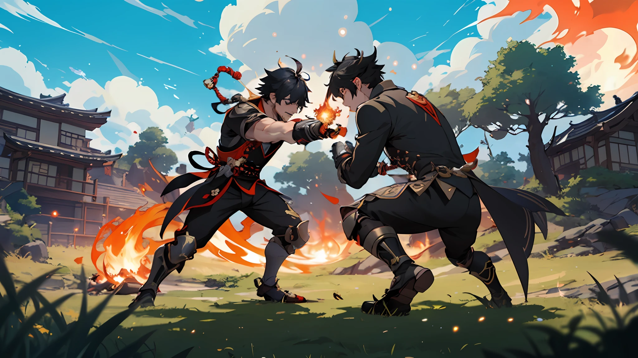 anime characters are fighting with fire in a field, video game genshin impact, genshin impact style, genshin impact character, genshin impact, Diluc from game genshin impact, flame conjuring armored, style of duelyst, fire powers fire swirling, blazing infero, gameplay still