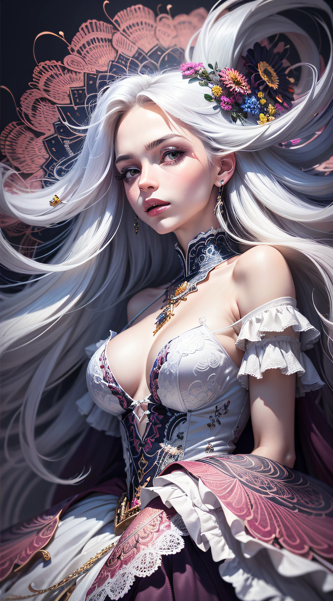 (((White Cloud Background))), (((High Saturation))), ((Surrounded by Color Splashes)))) Ultra Detailed, Beautiful and Aesthetic, Masterpiece, Best Quality, (Zentangle, Mandala, Tangled, Entangle), (Fractal Art: 1.3), 1girl, Very Detailed, Dynamic Angle, Cowboyshot, Most Beautiful Forms Chaotic, Elegant, Fauvist Design, Bright Colors, Romanticism, Michal Mraz, Adrian Ghenny, Petra Courtwright, atmospheric, ecstatic notes, flow notes visible