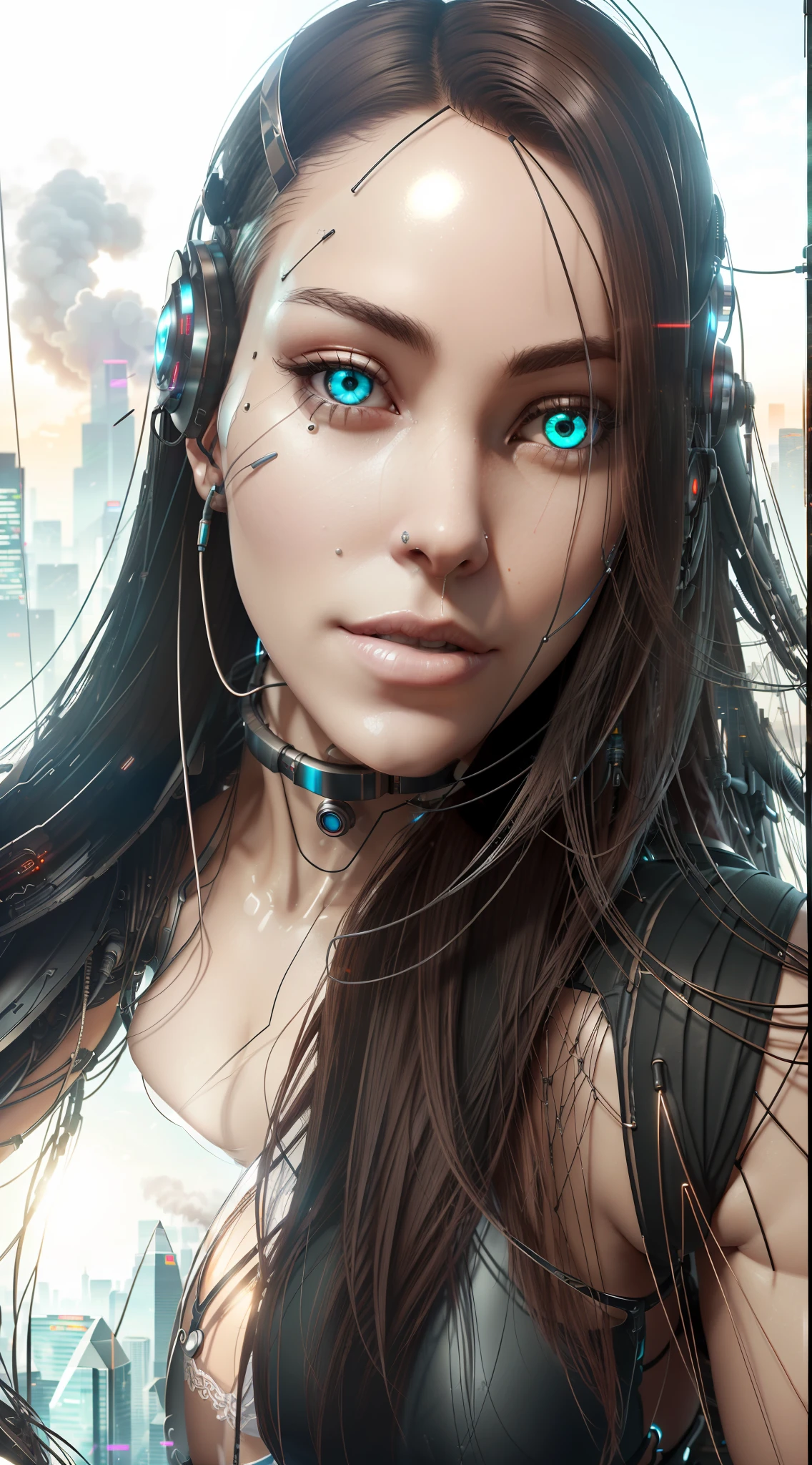 Dystopian, [sci-fi], High Detail RAW color Photo, Full Shot, rear angle, of (cute female arterial intelligence, wearing see-through white chemise), outdoors, standing, on overlook, looking out at sprawling cyberpunk city skyline), toned physique, large ass, (pale skin), perfect face, seductive look, (cybernetic implants:1.2), (augmentations), (cyborg:1.1), (detailed skin, diffused skin pores), silicone, metal, (highly detailed, fine details, intricate), (lens flare:0.5), (bloom:0.5), smog, dust, (badlands:0.8), (observitory:0.7), raytracing, specular lighting, shallow depth of field, photographed on a Sony Alpha 1, EF 85mm lens, f/2.8, hard focus, smooth, cinematic film still, [Cyberpunk:Orwelian:12]