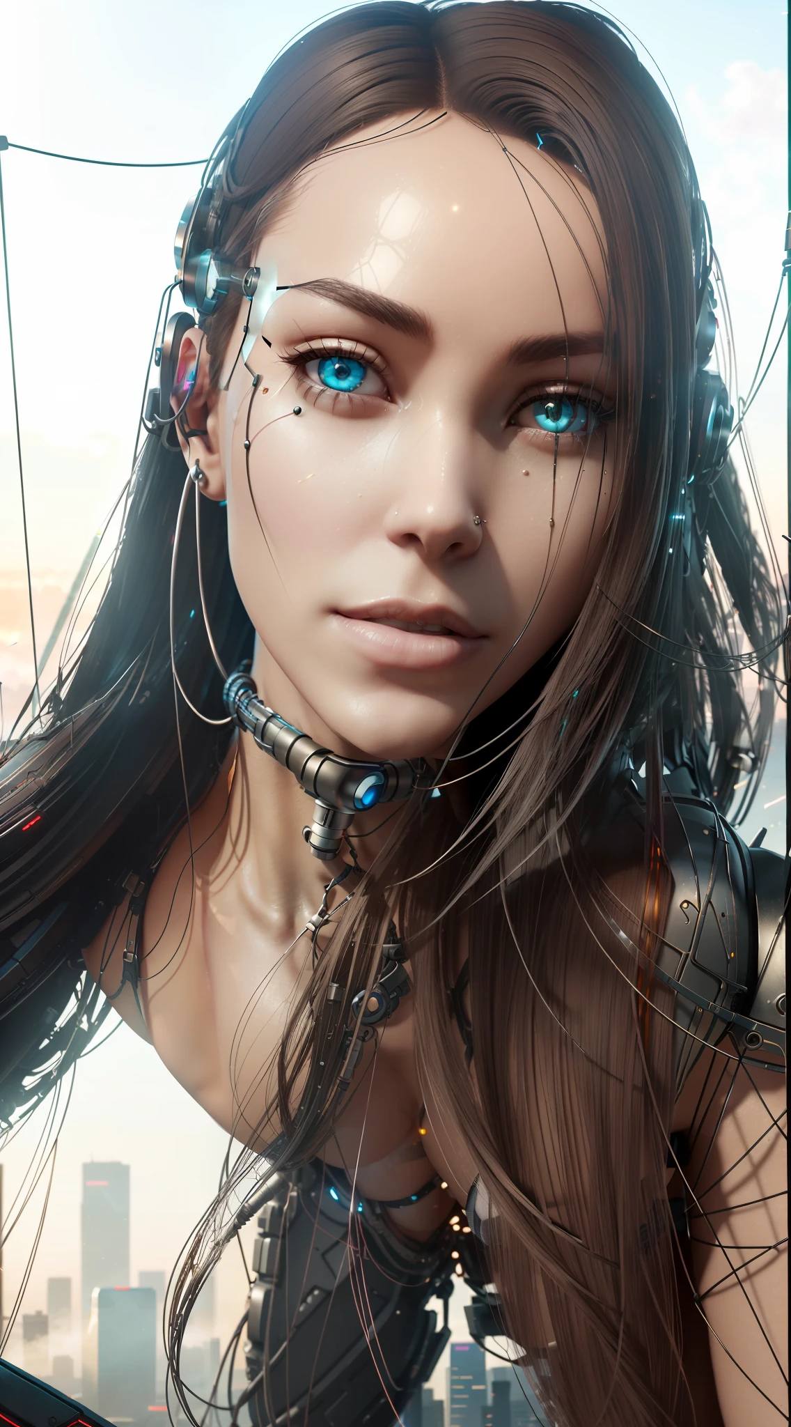 Dystopian, [sci-fi], High Detail RAW color Photo, Full Shot, rear angle, of (cute female arterial intelligence, wearing see-through white chemise), outdoors, standing, on overlook, looking out at sprawling cyberpunk city skyline), toned physique, large ass, (pale skin), perfect face, seductive look, (cybernetic implants:1.2), (augmentations), (cyborg:1.1), (detailed skin, diffused skin pores), silicone, metal, (highly detailed, fine details, intricate), (lens flare:0.5), (bloom:0.5), smog, dust, (badlands:0.8), (observitory:0.7), raytracing, specular lighting, shallow depth of field, photographed on a Sony Alpha 1, EF 85mm lens, f/2.8, hard focus, smooth, cinematic film still, [Cyberpunk:Orwelian:12]