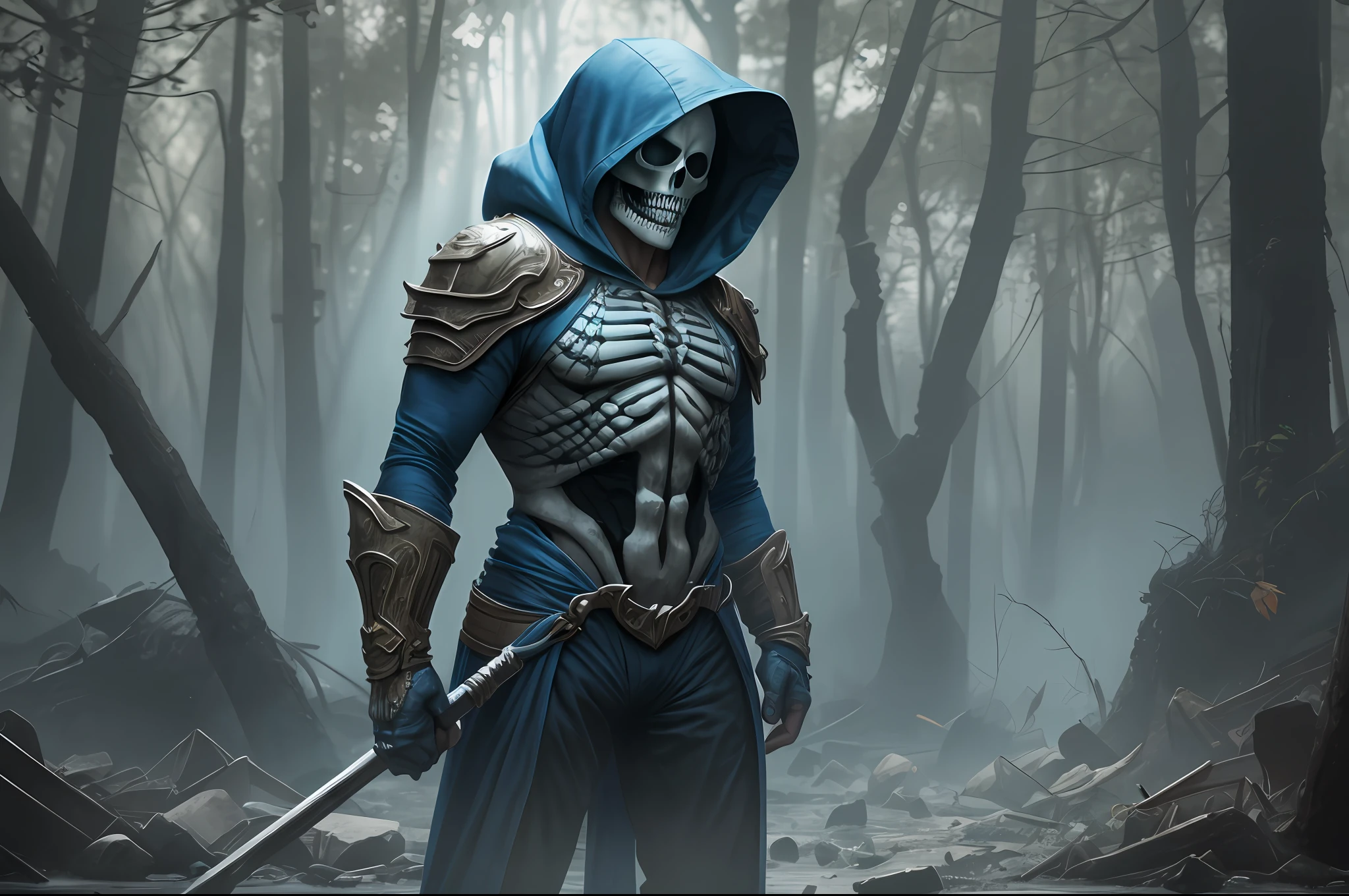 portrait of post-apocalyptic anthropomorphic skeletor from Masters of the Universe, character design, blue hooded suit, boned skeletal body, the style of Jakub Rozalski and Mike Franchin, vibrant vintage colors throughout the scene, glassy eyes, realistic Hammer Horror-style environment, ((rays come out of his hands)), action, ((surreal atmosphere) ), cinematic, natural lighting, intricate details, terror, horror, background blur, dark lighting, low light, render, ultra-realistic photography, bokhe, taken on a Canon EOS 5D, f8 aperture, Highly detailed, Engine 5, full resolution, octane render, Masterpiece, 8k, HR, HQ , 4D --auto --s2