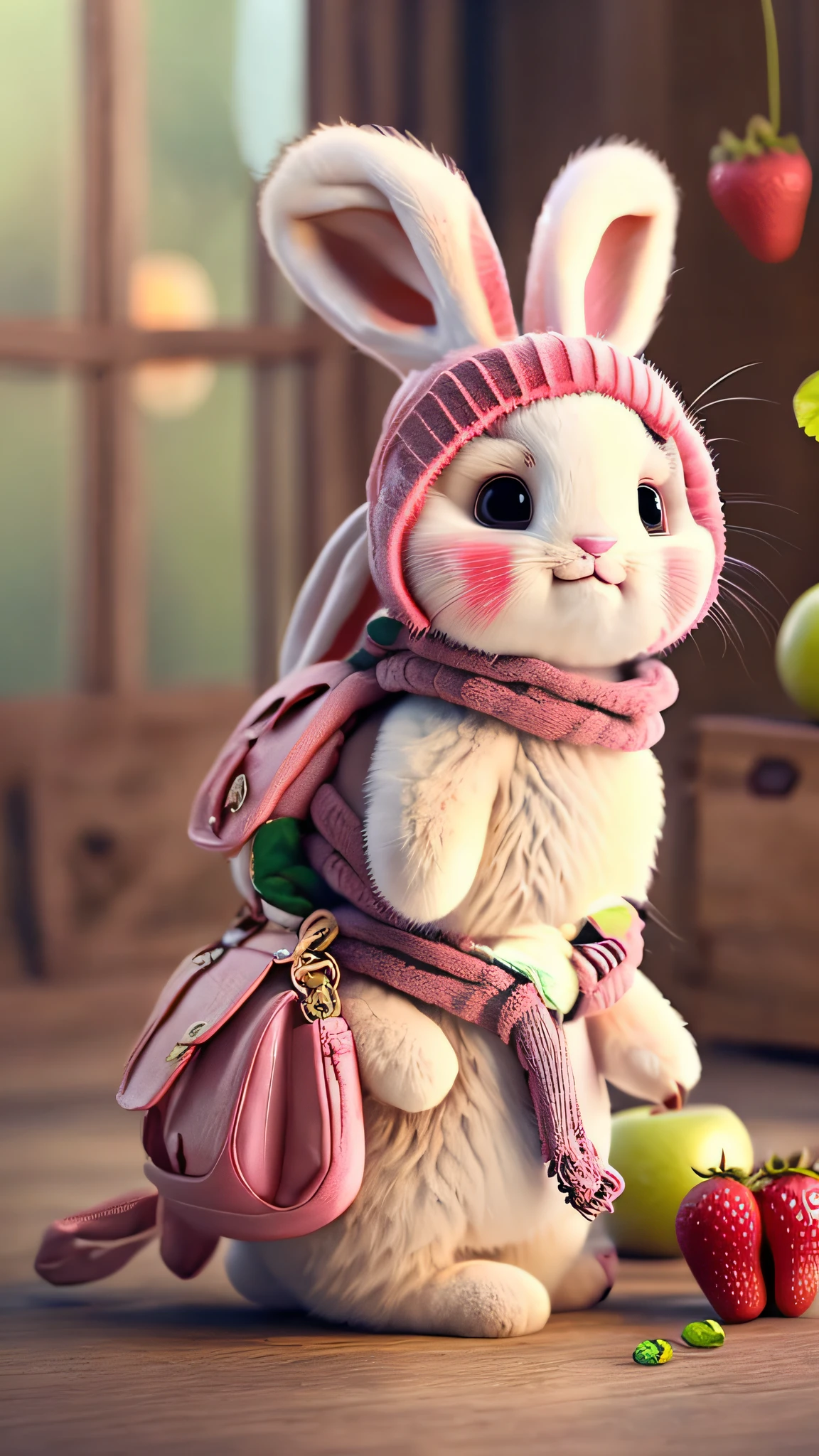 : 3. bunny, realistic, furry animal, apple, black eye, blush, cherry, food, fruit, full body, hat, non-human, strawberry, tomato, watermelon