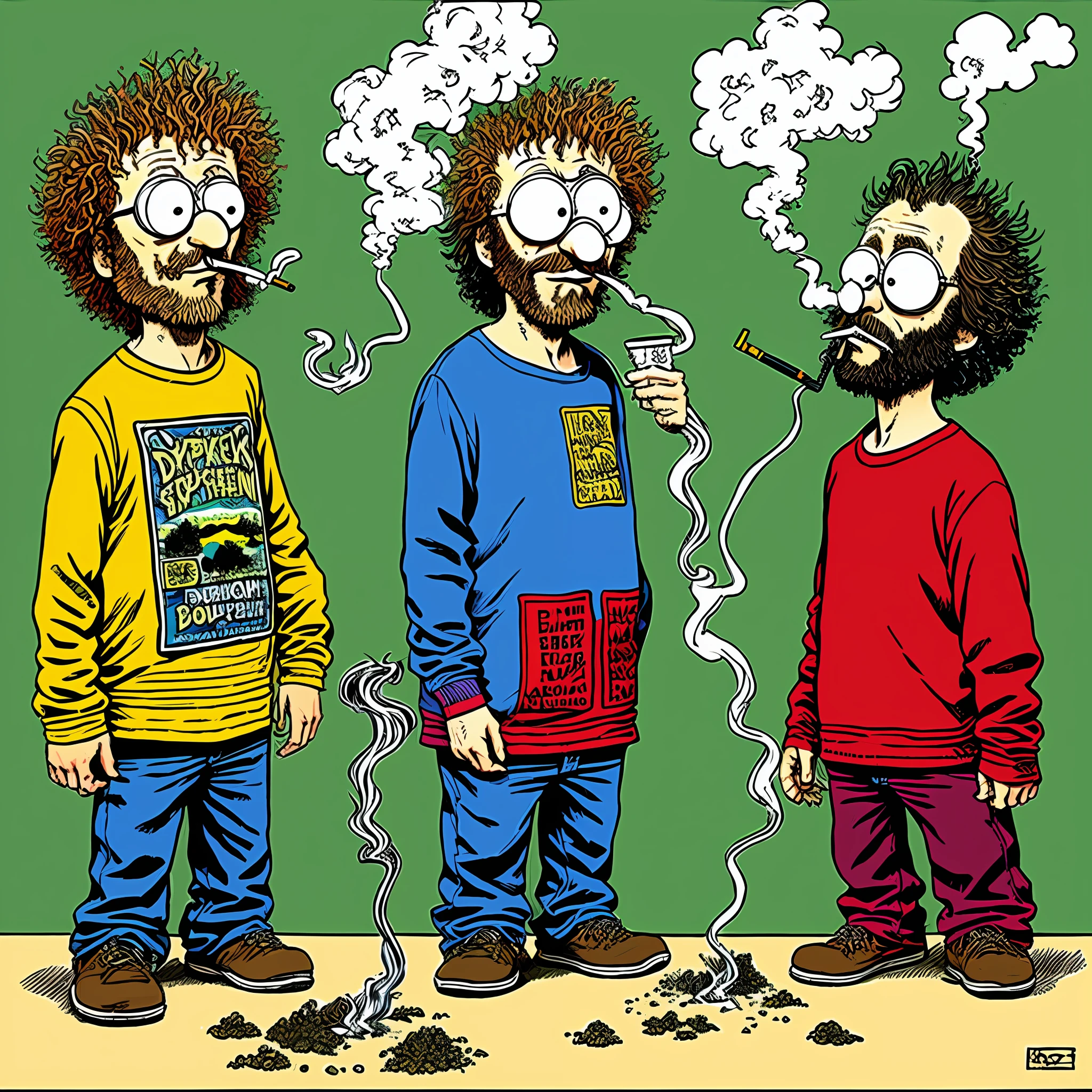 A pair of hippies hyper-realistic characters, freak Brothers, smoking out of a hookah by R Crumb