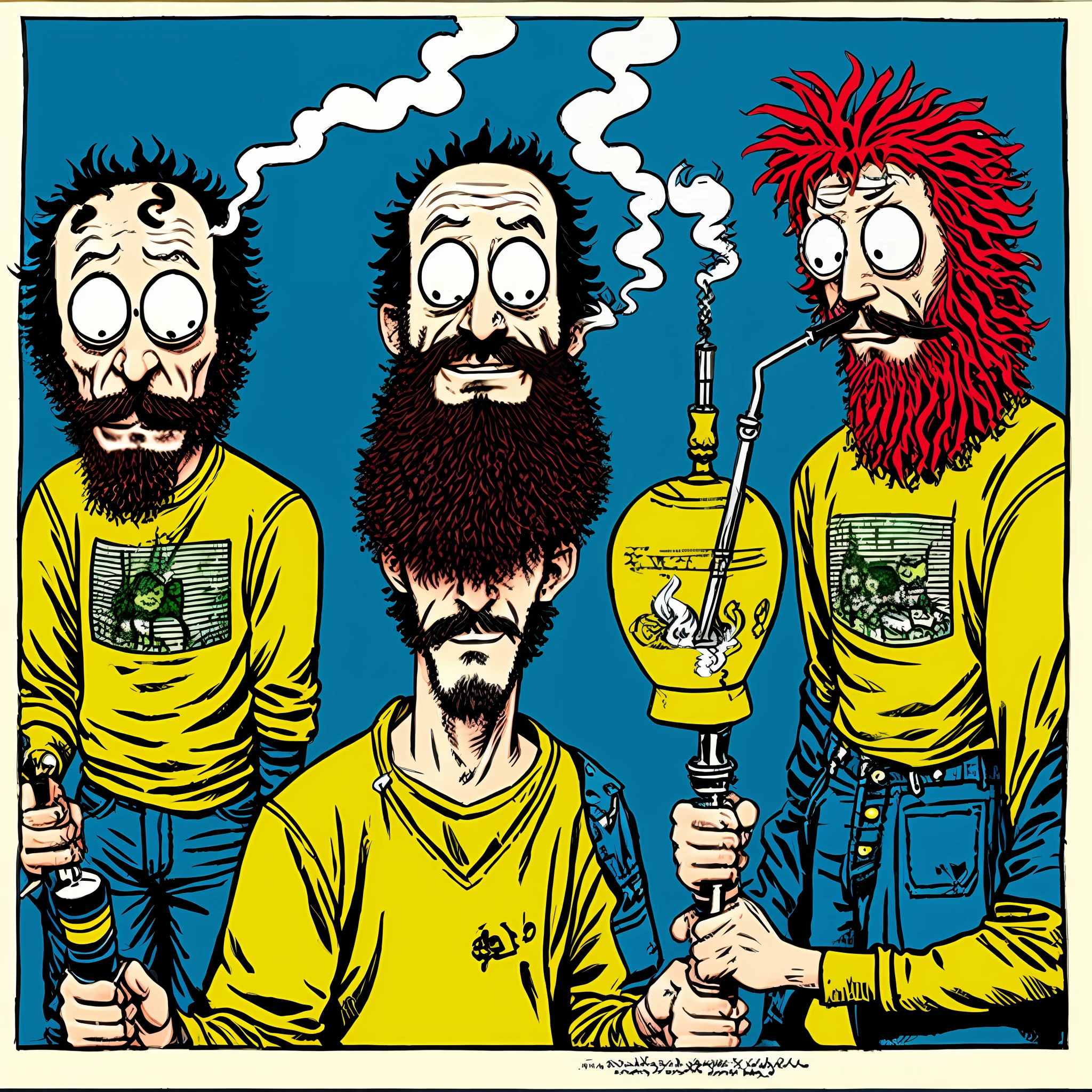 A pair of hippies hyper-realistic characters, freak Brothers, smoking out of a hookah by R Crumb