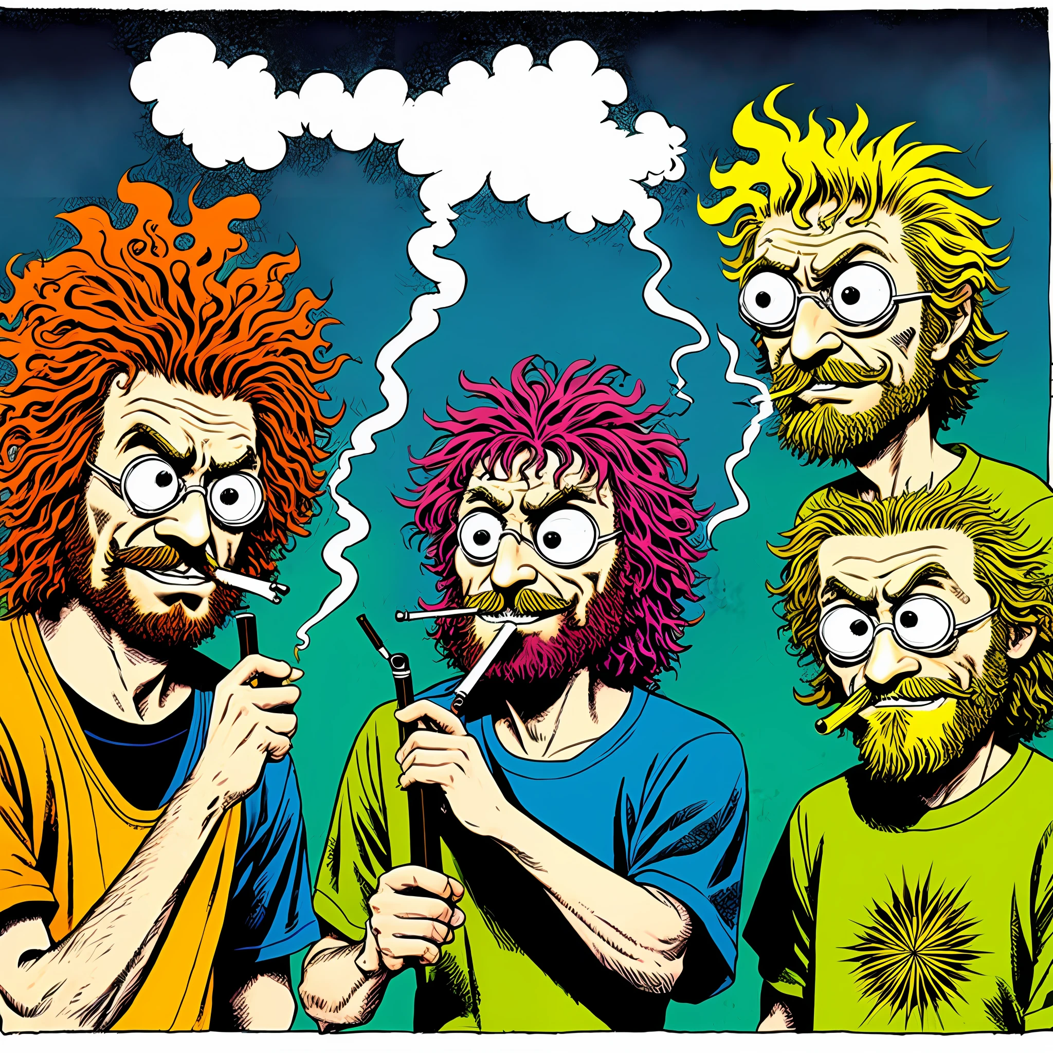 A pair of hippies hyper-realistic characters, freak Brothers, smoking out of a hookah by R Crumb