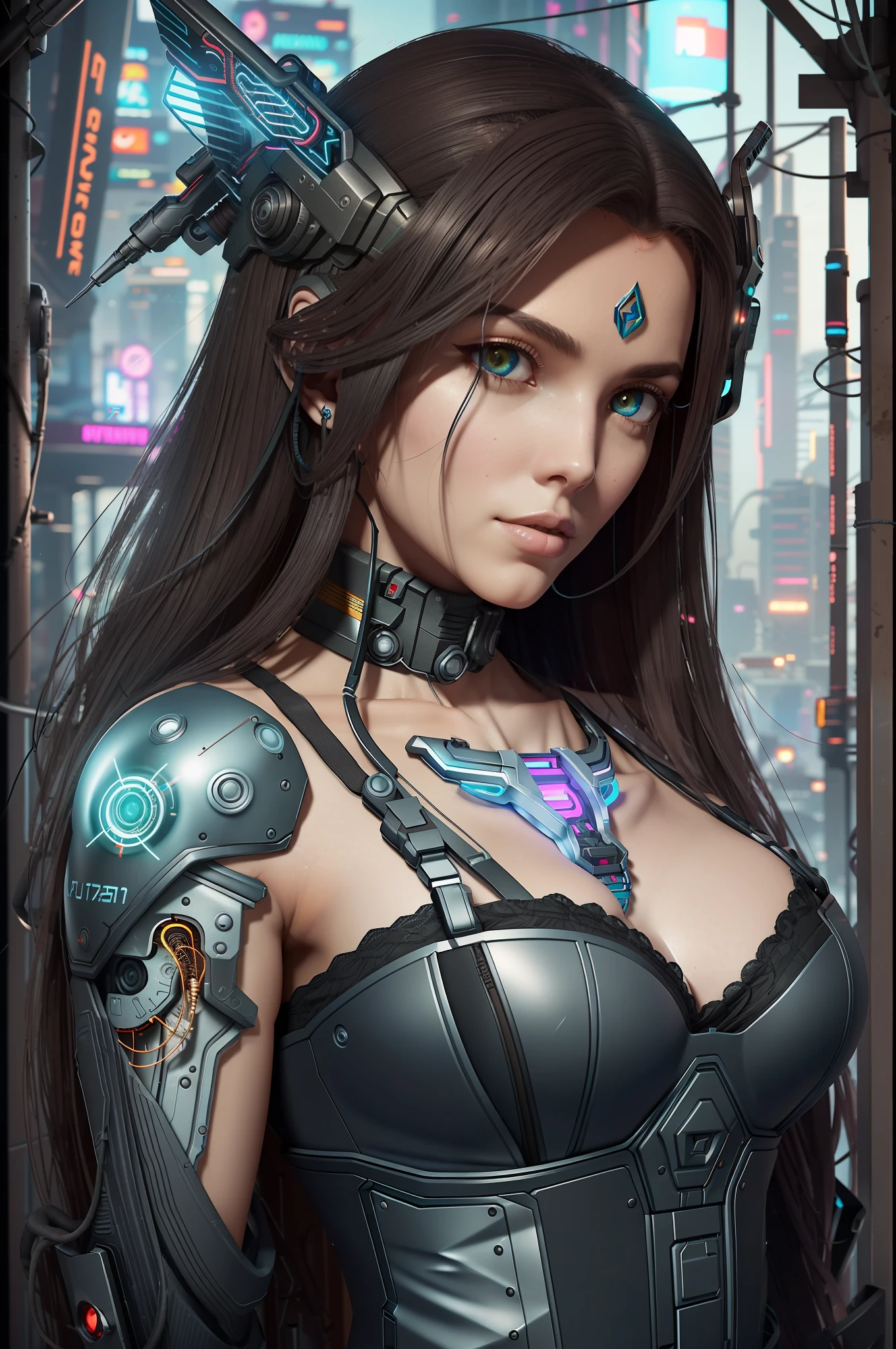 dystopic, [sci-fi], High Detail RAW color Photo, Full Shot, Rear angle, de (Beautiful female arterial intelligence, vestindo chemise branco transparente), ao ar livre, in standing, no mirante, olhando para o horizonte da cidade cyberpunk espraiado), toned physique, (pale skin), rosto perfeito, olhar sedutor, (cyber implants:1.2), (aumentos), (ciborgue:1.1), (pele detalhada, poros difusos da pele), metal, (altamente detalhado,  detalhes finos, intrincados), (lens flare:0.5), (bloom:0.5), smog, poeira, (badlands:0.8), (observitory:0.7), raytracing, specular lighting, profundidade de campo rasa, fotografado em uma lente Sony Alpha 1, EF 85mm, f/2.8, Rigid focus, filme liso, cinematic still, [Cyberpunk:Orwelian:12]