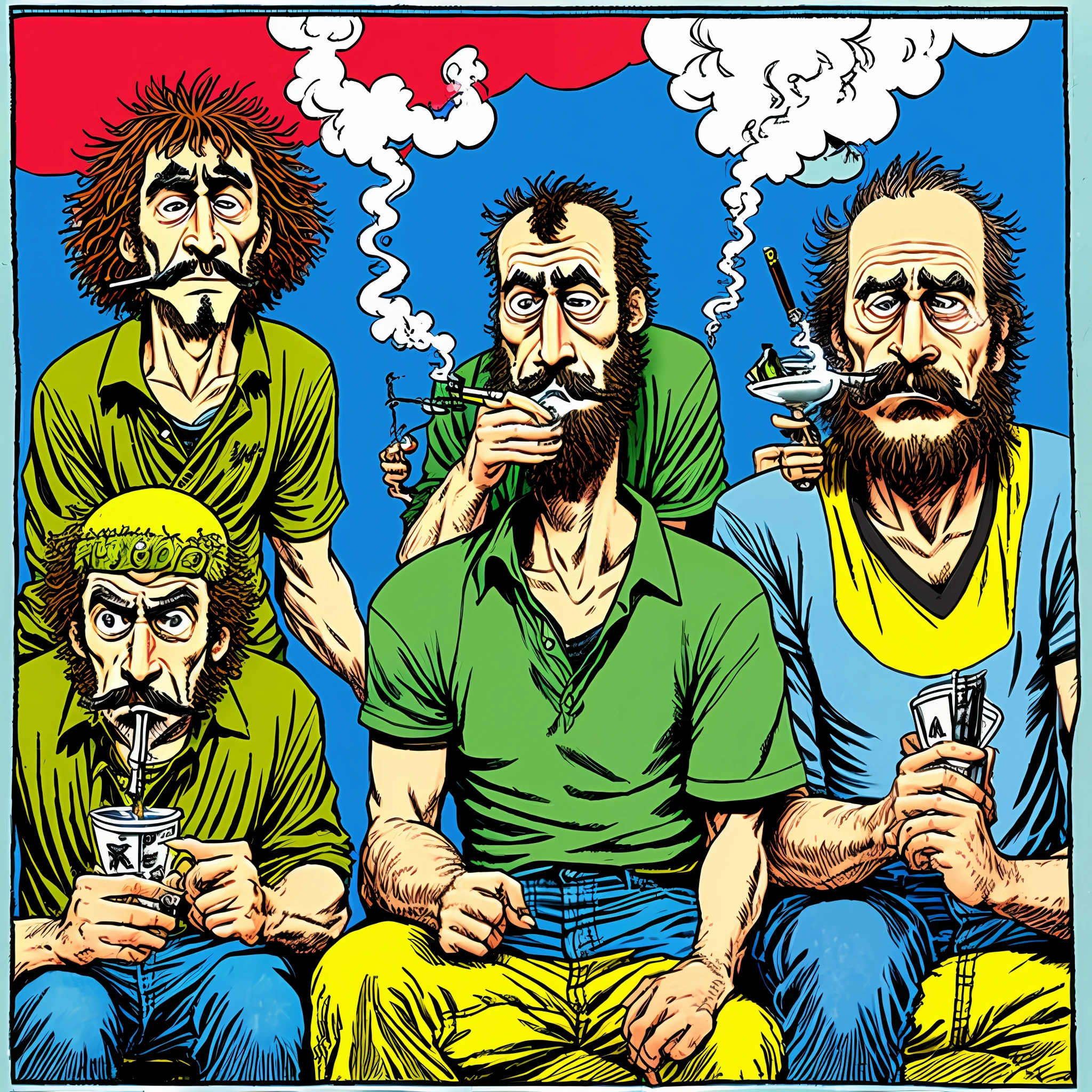 A pair of hippies hyper-realistic characters, freak Brothers, smoking out of a hookah by R Crumb