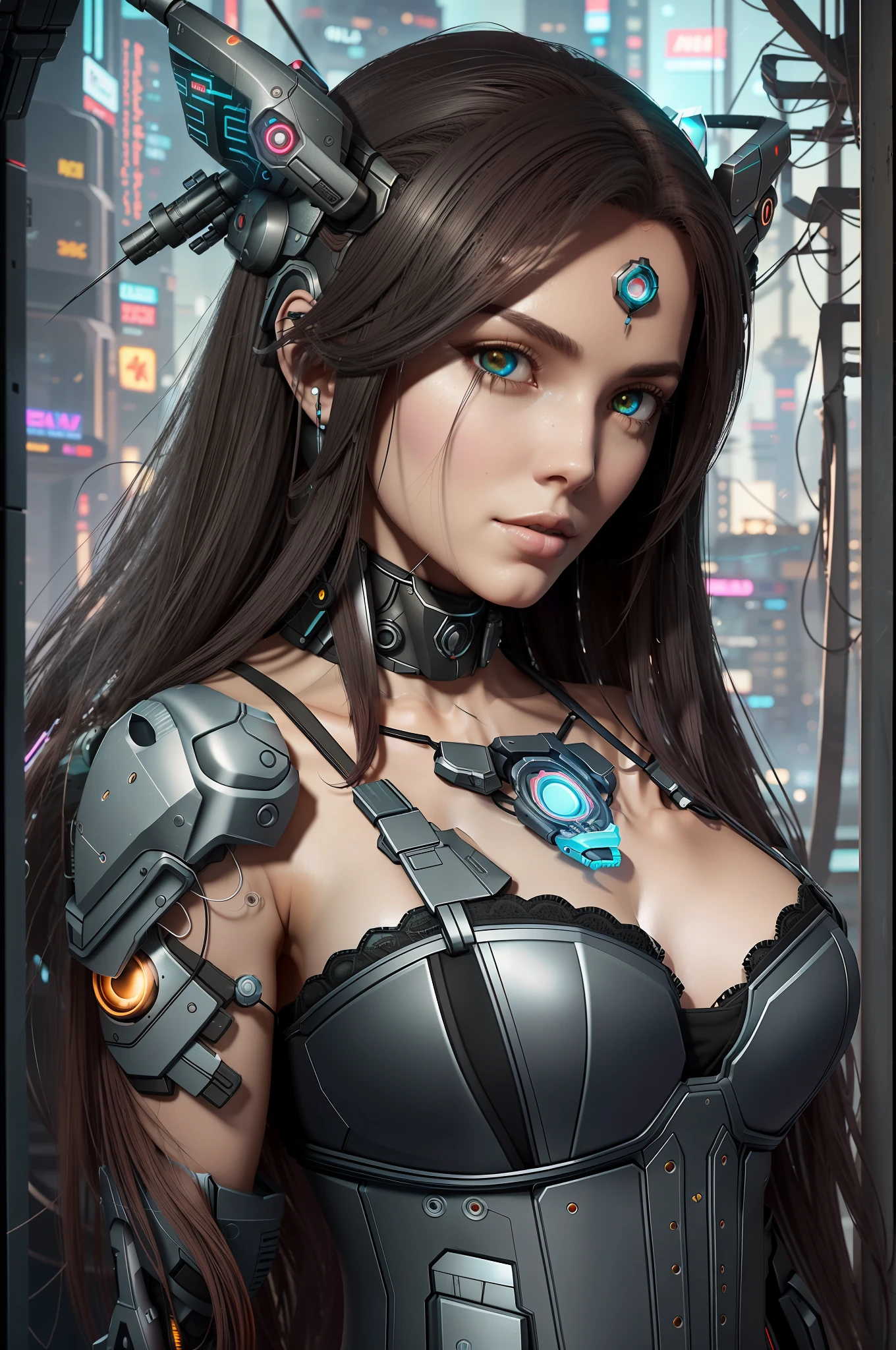dystopic, [sci-fi], High Detail RAW color Photo, Full Shot, Rear angle, de (Beautiful female arterial intelligence, vestindo chemise branco transparente), ao ar livre, in standing, no mirante, olhando para o horizonte da cidade cyberpunk espraiado), toned physique, (pale skin), rosto perfeito, olhar sedutor, (cyber implants:1.2), (aumentos), (ciborgue:1.1), (pele detalhada, poros difusos da pele), metal, (altamente detalhado,  detalhes finos, intrincados), (lens flare:0.5), (bloom:0.5), smog, poeira, (badlands:0.8), (observitory:0.7), raytracing, specular lighting, profundidade de campo rasa, fotografado em uma lente Sony Alpha 1, EF 85mm, f/2.8, Rigid focus, filme liso, cinematic still, [Cyberpunk:Orwelian:12]