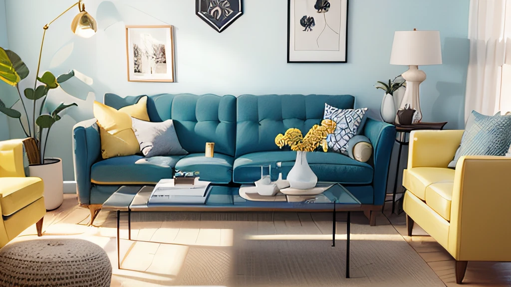 Colorful living room,Features blue sofas and colorful carpets, popular interior design style, living room wall background, living room background, blue theme and yellow accents, Interior decoration, interior design living room, living room interior design, scandinavian design, soft blue living room, elegant design, perfect maximalistic composition, blue and yellow color scheme, blue and yellow theme