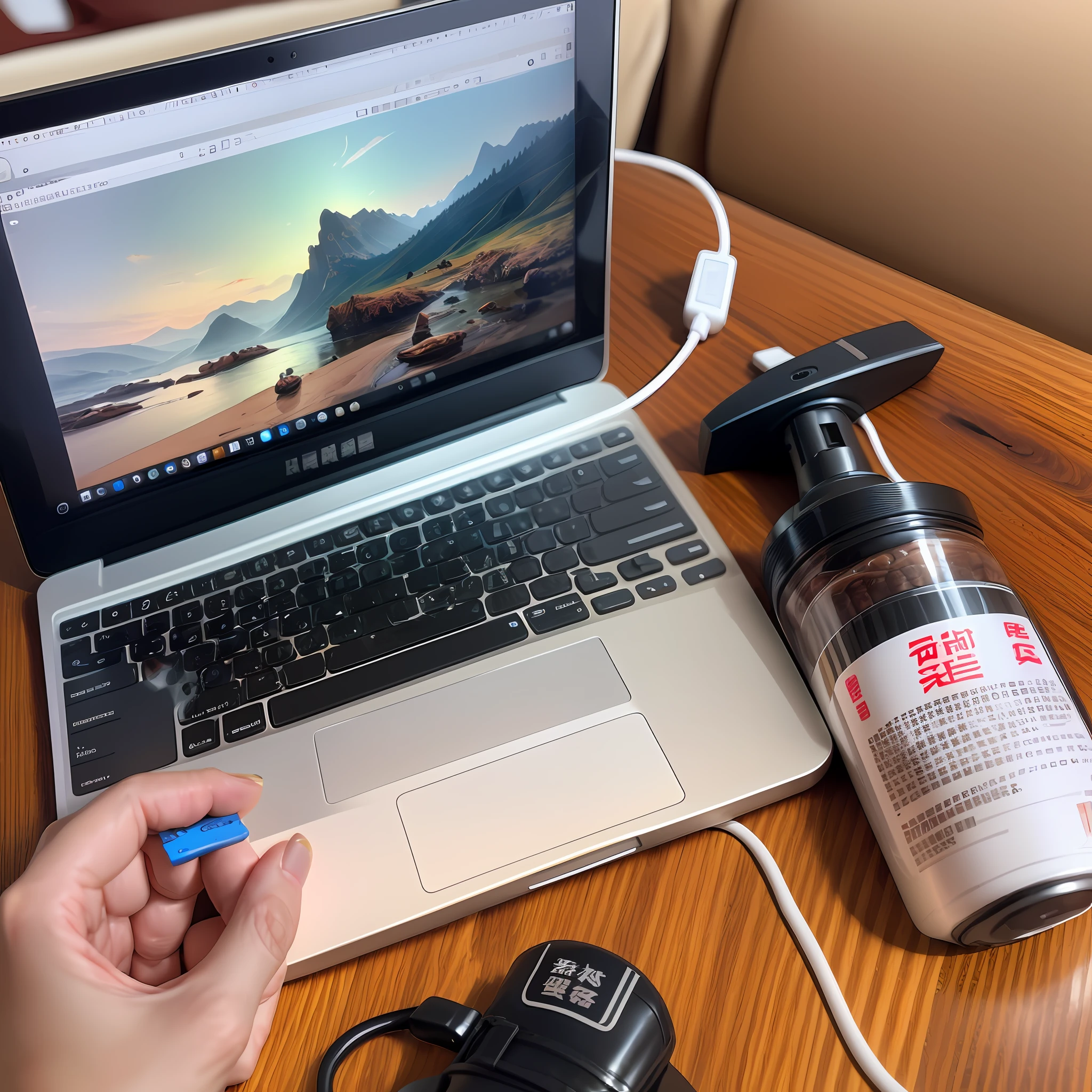 There is only one close-up USB stick on the table,A little decoration on the table,Not too much。Overall bright style。