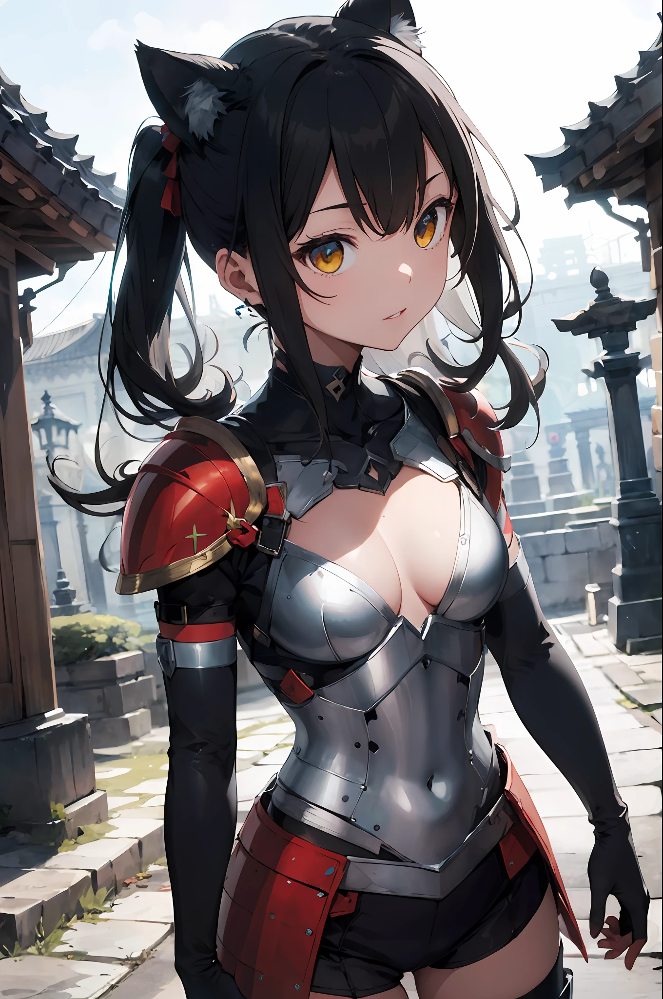 (Style Princess:0.8), Cat-eared Beauty, Small Tits, 1 Girl, ((Armor))Armor Princess, (Rich Green and Black and Red and Silver), ((Temple)), Slim, (Elbow Gloves) Masterpiece, High Contrast, Ultra Detail, Top Quality, Ultra High Definition, High Definition, Details