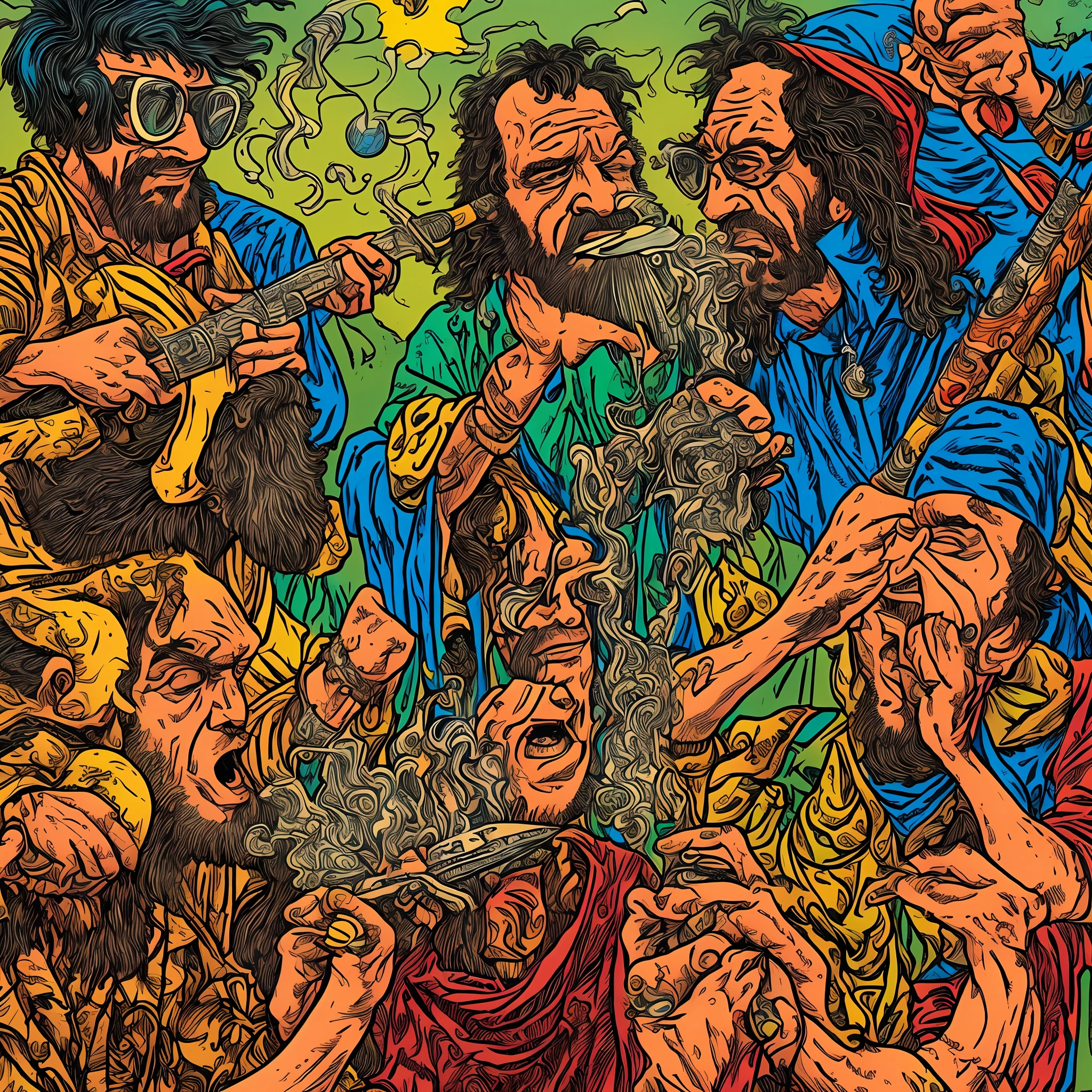 A pair of hippies hyper-realistic characters, freak Brothers, smoking out of a hookah by R Crumb --auto