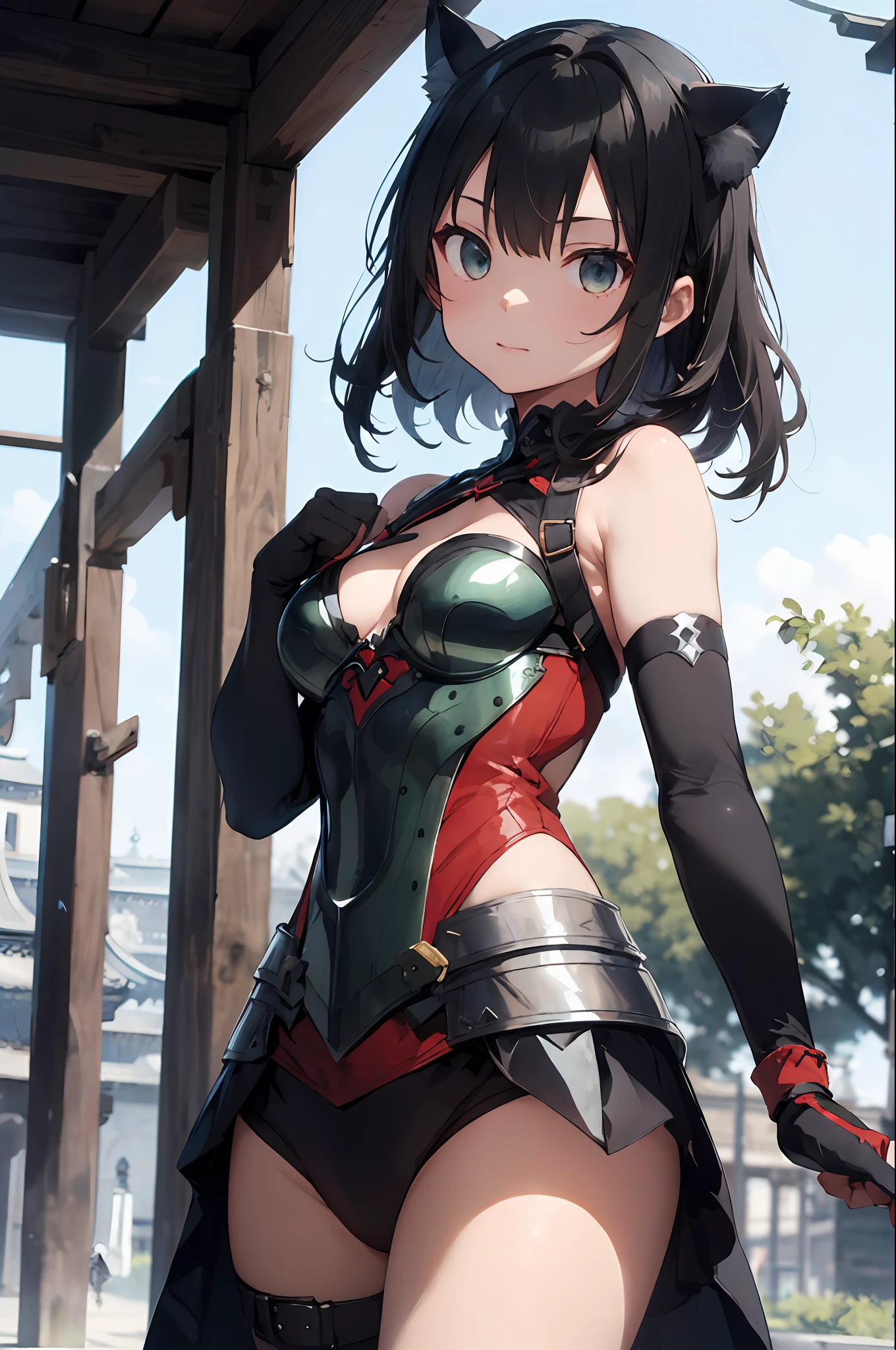 (Style Princess:0.8), Cat-eared Beauty, Small Tits, 1 Girl, ((Armor))Armor Princess, (Rich Green and Black and Red and Silver), ((Temple)), Slim, (Elbow Gloves) Masterpiece, High Contrast, Ultra Detail, Top Quality, Ultra High Definition, High Definition, Details