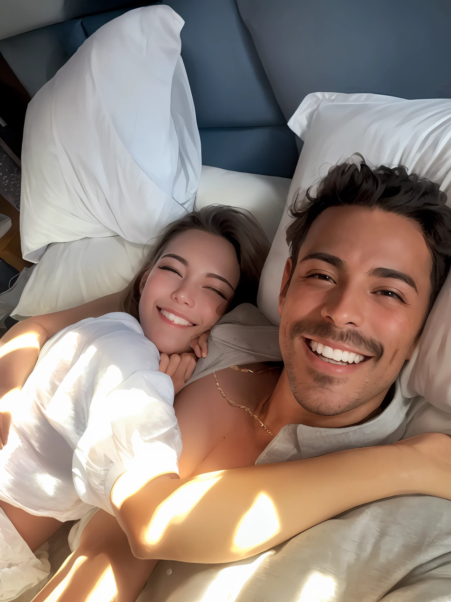 smiling couple laying in bed with white pillows and white sheets, casal na cama, posando na cama, lorenzo vitturi, deitado na cama, casal sorridente, deitado na cama, Federico Pelat, ambos rindo, imagem de perfil, relaxing and smiling at camera, Temporary Image by Giorgia Meloni, both smiling for the camera, Olivia de Bernardinis, happily smiling at the camera