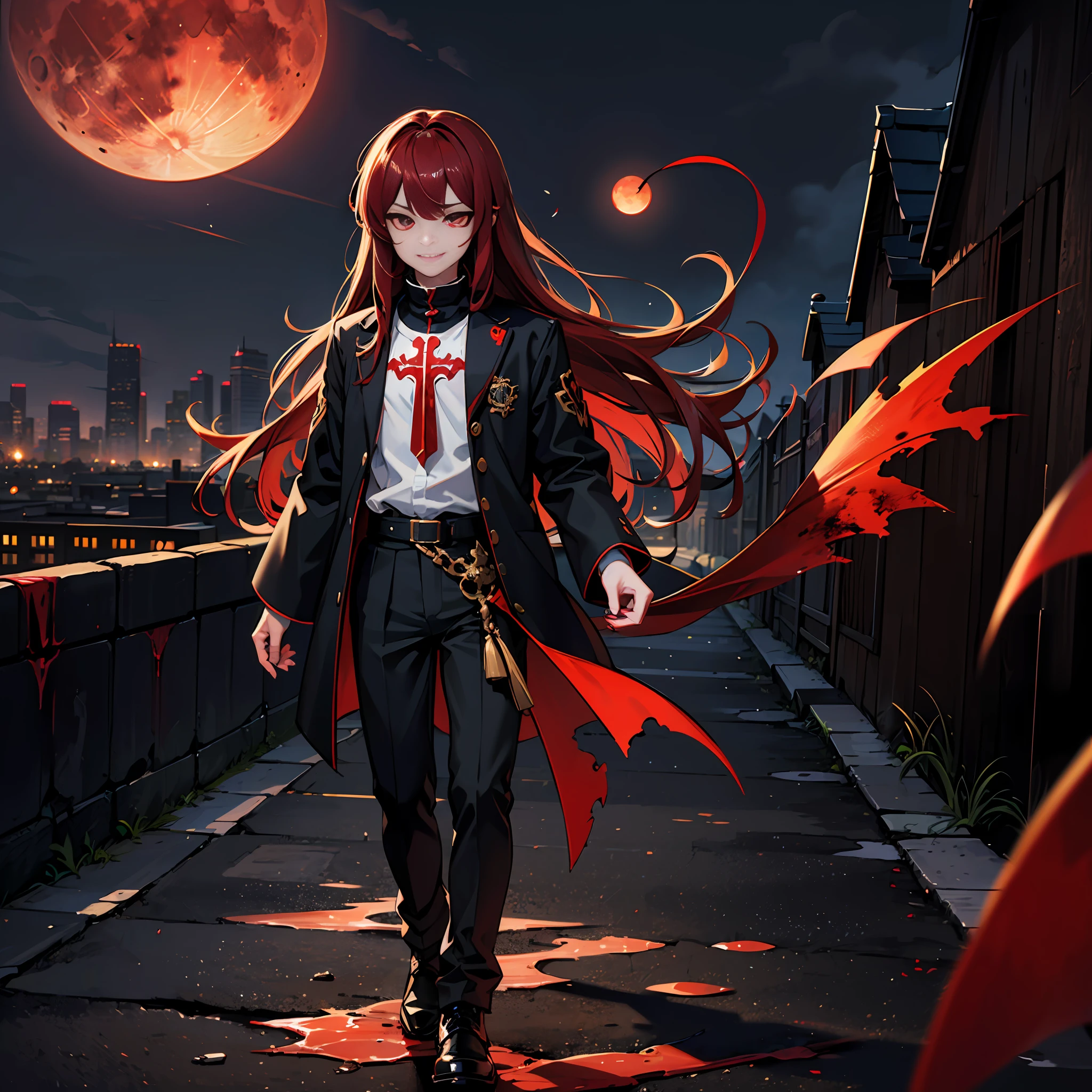 (absurd, highres, ultra-detailed),((human)),((((male child)))), finely detailed eyes, ((dark red hair)), complex pattern, detailed face, magic effect, best proportion four fingers and one thumb, blood, red aura, smile, closed mouth, ((glowing red eyes)), torn clothes, cassock, ((black eye sclera)), demon tail, walking in a city, bloody hands, crying blood, macabre, gothic, ((long hair)), heavy rain, night, dark, blood moon