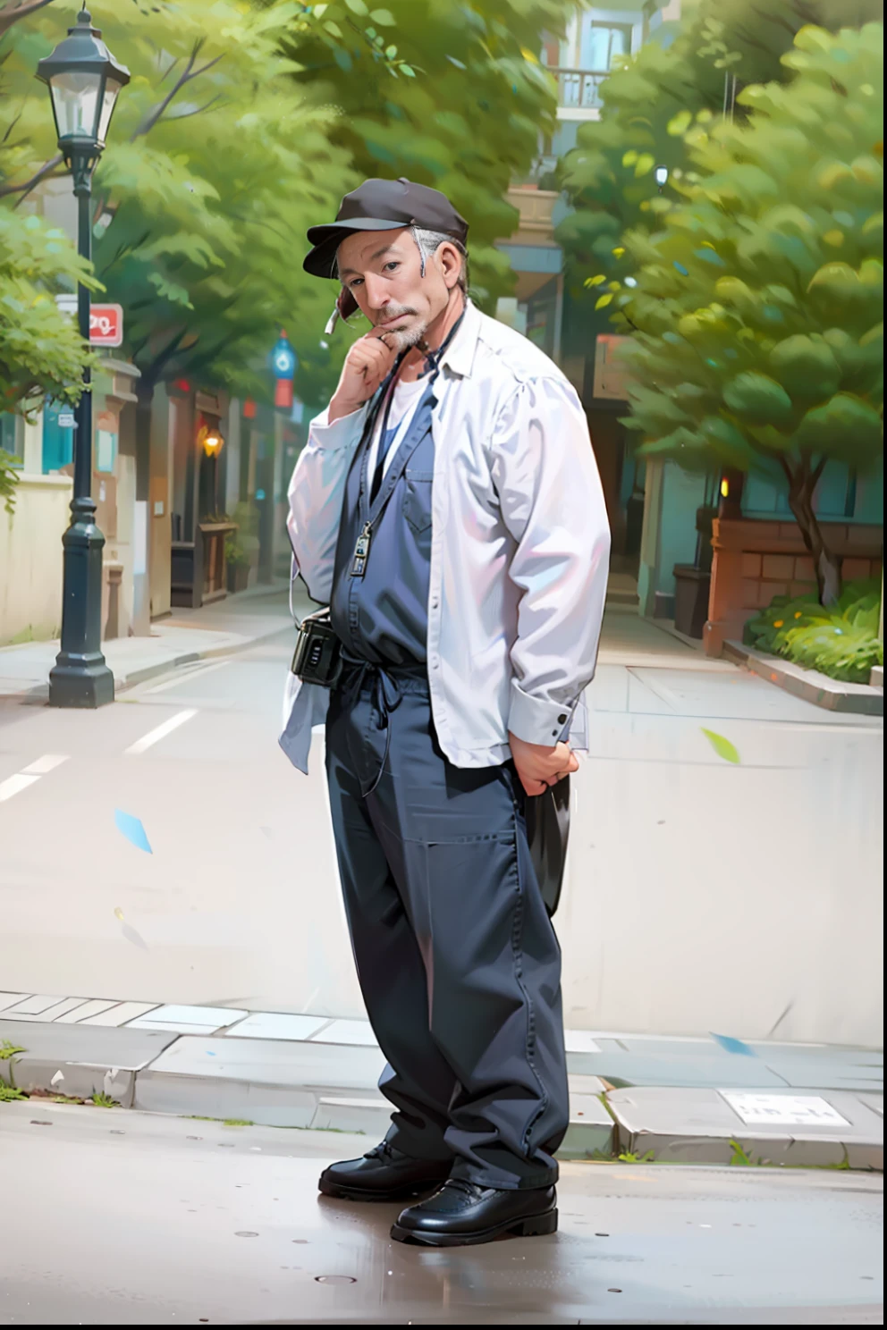 50-year-old man, sonríendo, Camera hanging from the neck, plaza publica