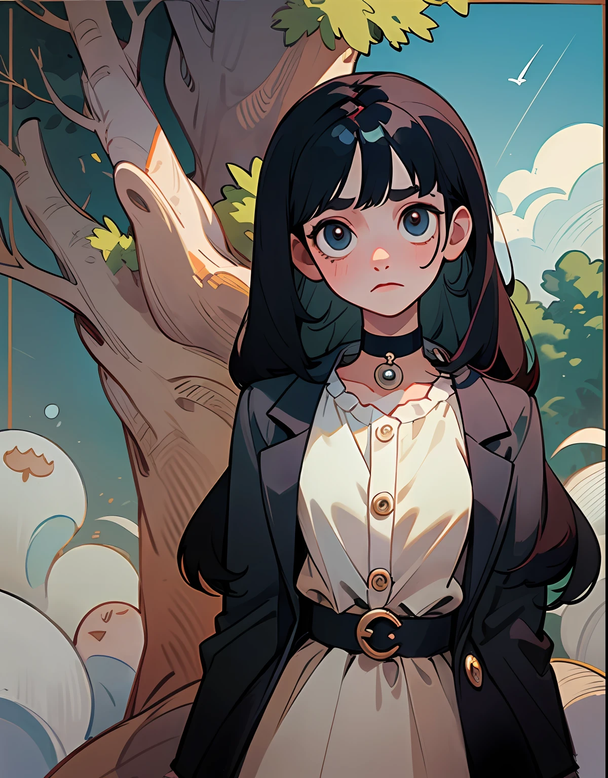 (The Masterpiece,High quality),a girl,, European and American cartoons, black color hair, Long straight hair,puled up dress,Short black blazer,Pearl buttons,pearl choker,Single person,Round face,A clear sky,The tree,