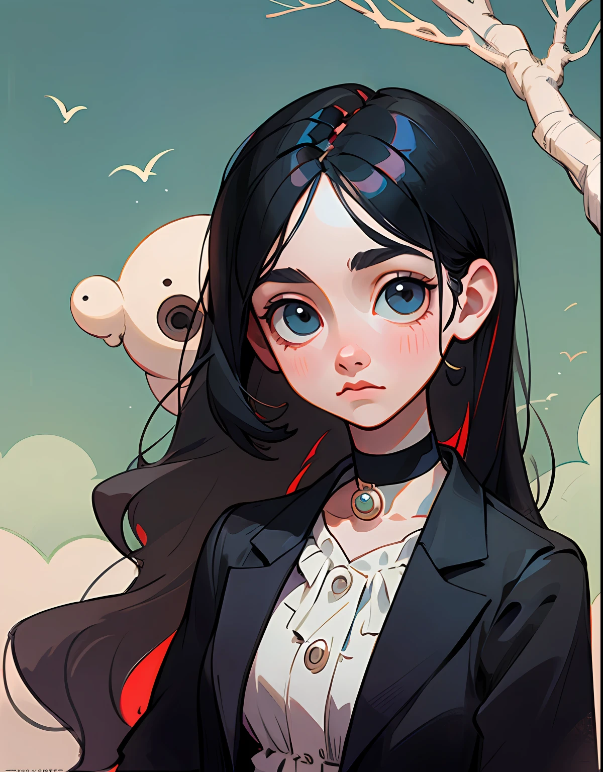 （The Masterpiece，High quality），a  girl,, European and American cartoons, black color hair, Long straight hair，puled up dress，Short black blazer，Pearl buttons，pearl choker，Single person，Round face，A clear sky，The tree，