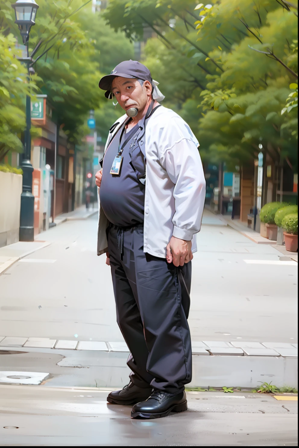 50-year-old man, sonríendo, Camera hanging from the neck, plaza publica