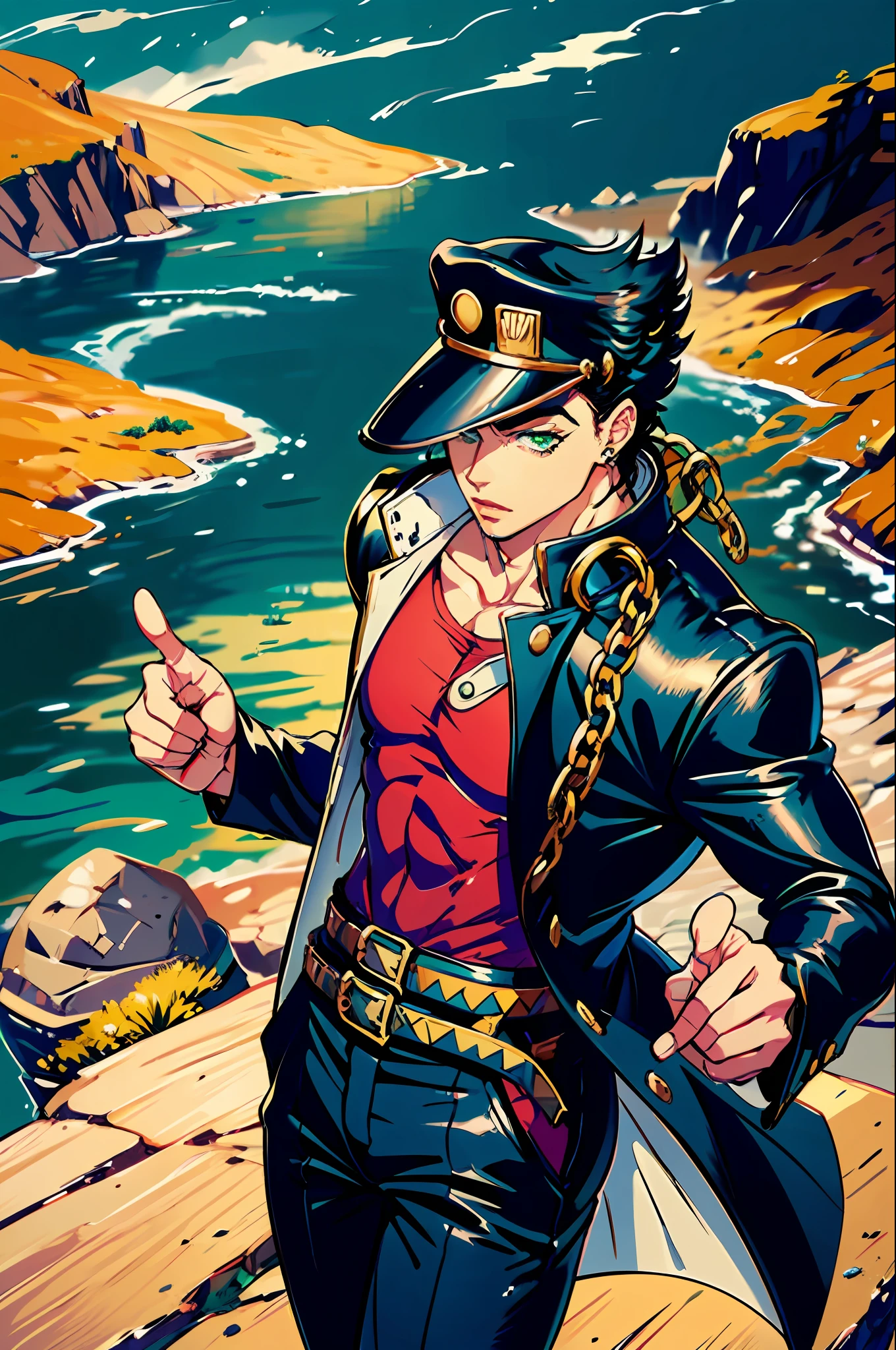 (masterpiece), best quality, 8k, perfect artwork, (lightning effect,  time stop), Fantasy, 1man, KUJO JOTARO, muscular man, star, thick-lipped, HAT ,GREEN EYES, SCHOOL UNIFORM, GAKURAN, LONG COAT, JEWELRY, EARRINGS, CHAIN, Hash,  jojo pose, pointing
hilltop monastery with panoramic views of the surrounding landscape,