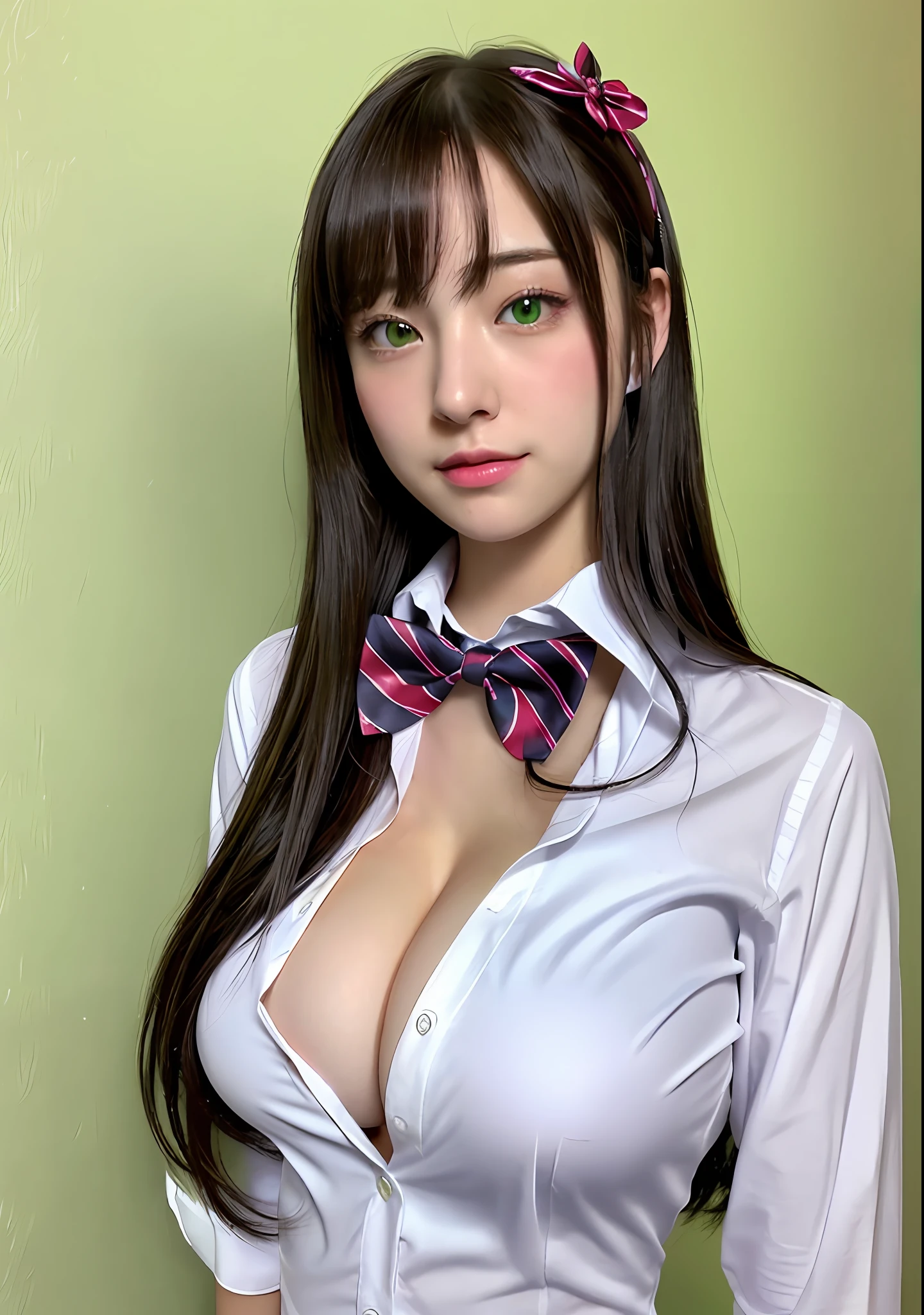 a character of a woman in a white shirt and green bow tie, oppai, oppai proportions, with a large breasts, a hyperrealistic schoolgirl, realistic schoolgirl, ecchi, big breasts!!, hyperrealistic schoolgirl, ecchi anime style, ecchi style, biomechanical oppai, big breasts!, breasts covered and sfw