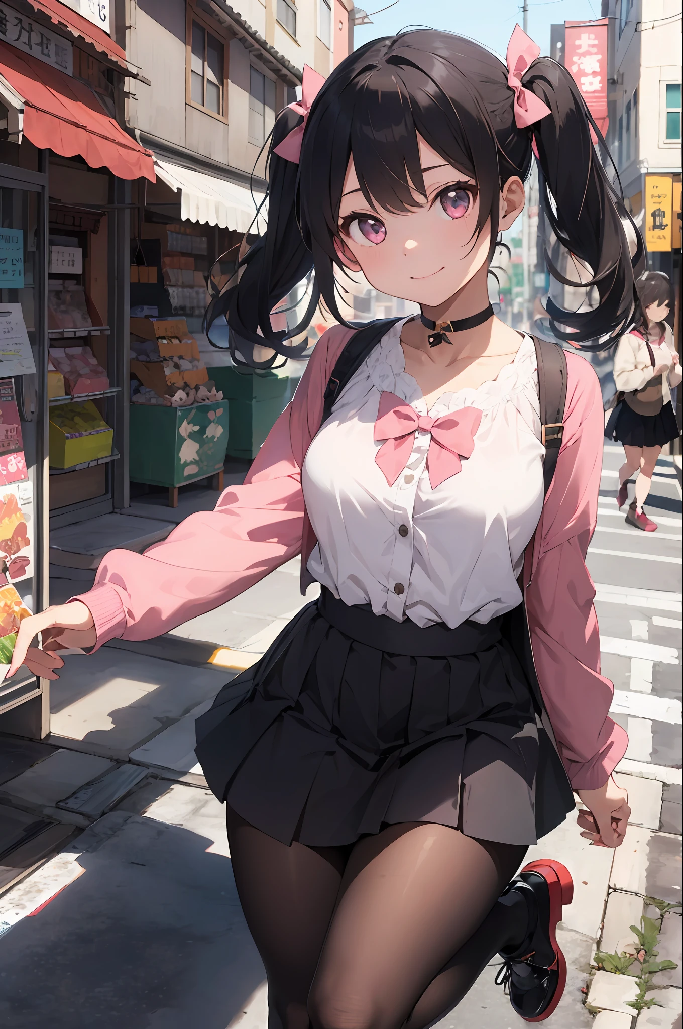 masterpiece, Best quality, Cat-eared girl, Solo, long_hair, looking_at_viewer, Bangs, Skirt, Shirt, black_hair, long_sleeves, Bow, Ribbon, Twin tails, hair_bow, Heart, Pantyhose, Ruffles, Shoes, Choker, blunt_bangs, black_skirt, pink_eyes, Hello, frilled_skirt, pink_bow, fishnets,pink_shirt, fishnet_pantyhose, platform_footwear, pink_theme, pill, jirai_kei, japan city street background, wariza, light smile