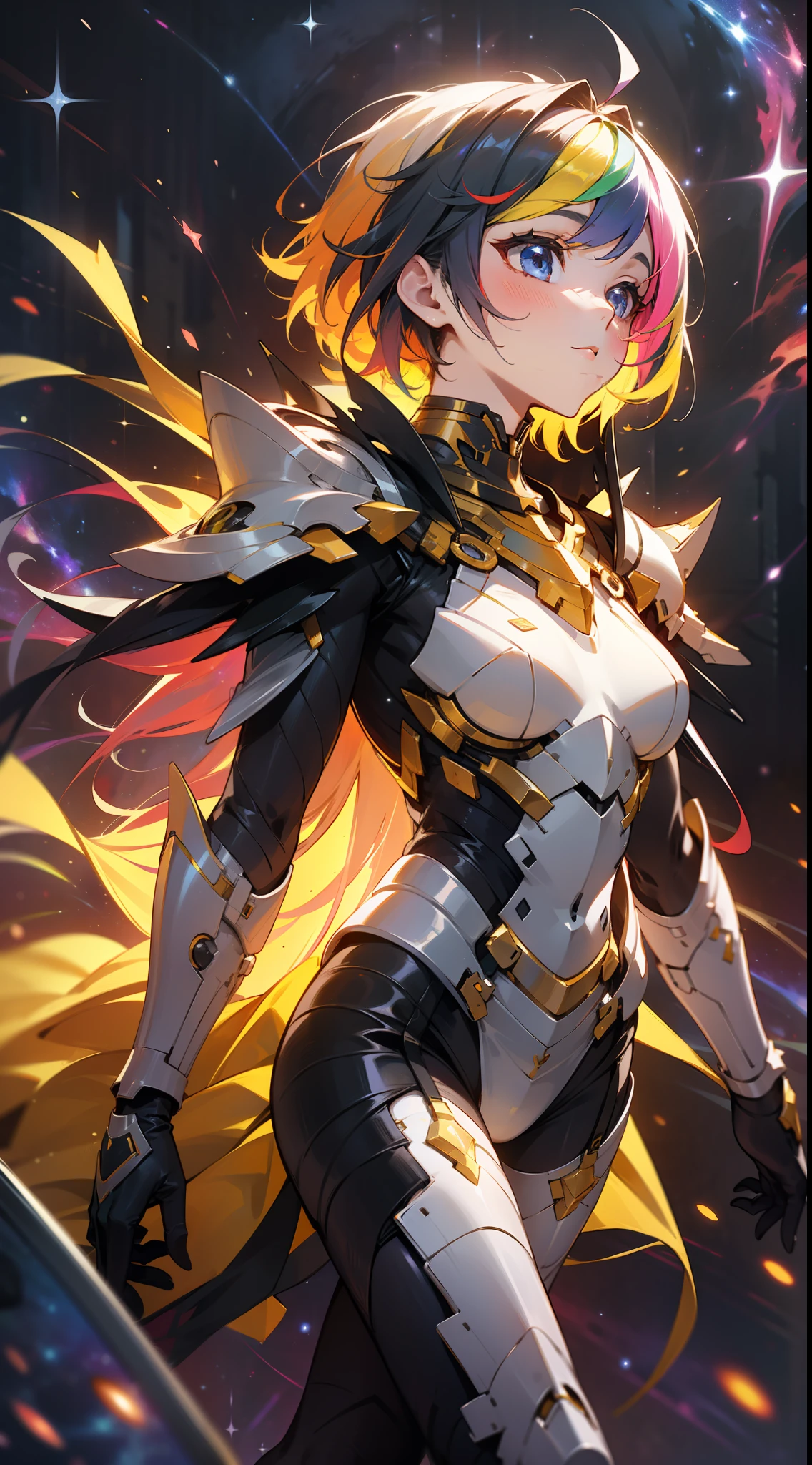 a woman with rainbow colored hair and yellow dress armor, walking in the stars, rainbow colored cosmic nebula background, stars, galaxies