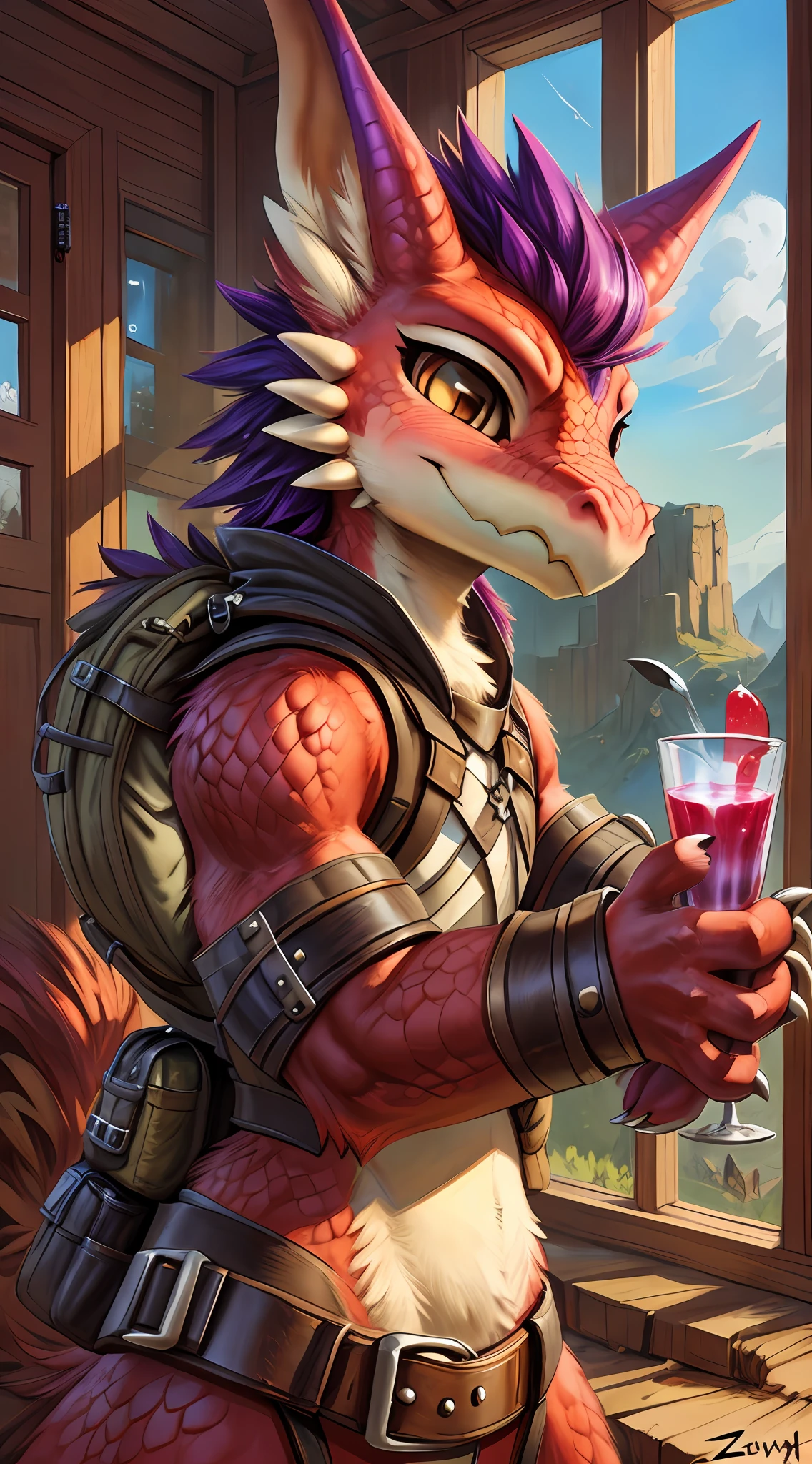 （（（Zackary911，Kenket，Kilinah））），Single male（（（Kobold）），（Detailed kobold））weared in leather armor，Muscle toning，Squirrel ears，Kobold tail，disheveledhair，the front view，Look at the observer with an awkward smile，Blush face，holding a glass of juice，rspective，Fine claws，Adventure backpack，knife，（（（large tall））），（（（strong）））