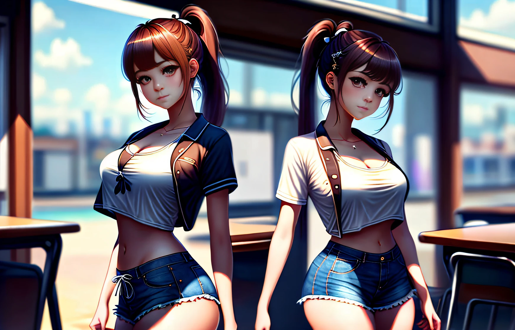 Masterpiece, best quality, (realistic, realistic: 1.4), (RAW photo: 1.2), very detailed CG unity 8k wallpaper, very delicate and beautiful, amazing, fine details, official art, ridiculous, unbelievably ridiculous , huge file size, super detailed, very detailed, pretty detailed girl, very detailed eyes and face, beautiful detailed eyes, light on face, 1girl, long hair, ((ponytail)), solo, cute, looking at viewer, (perfect female figure) , slender waist, full body, big breasts, standing, school uniform, miniskirt, miniskirt, plaid skirt, navel, cropped navel, tank top, bare arms, bangs, school, classroom, ulzzang-6500- v1.1