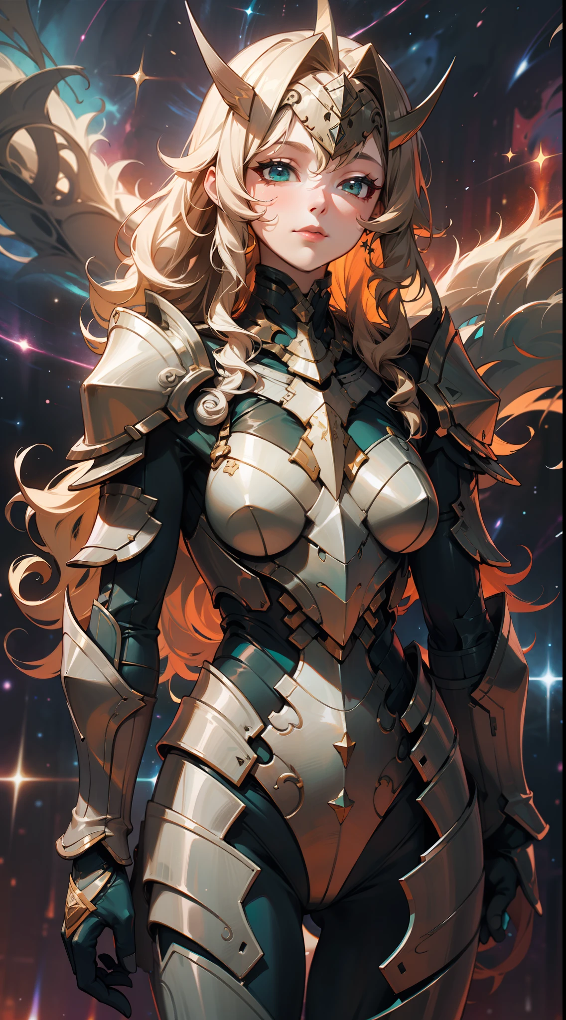 a woman, curly colored long hair, dark fantasy, teal armor, standing, cosmic nebula structures background, stars, galaxies