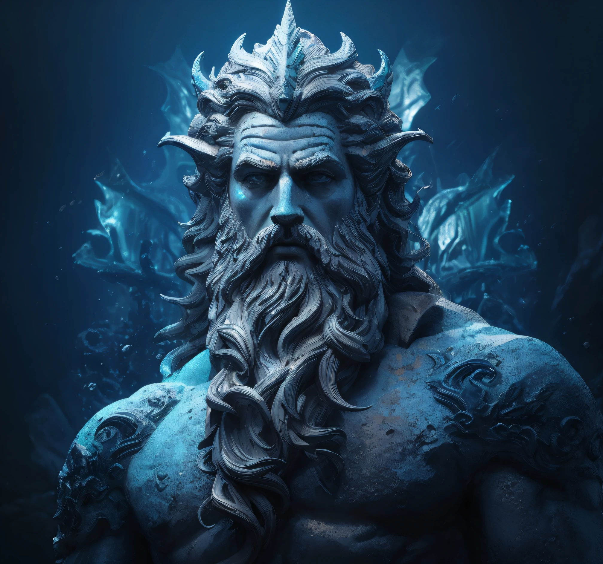 a close up of a statue of a man with a beard, O Deus Poseidon, O Deus do Mar, Poseidon, Deus do Oceano, deus do inverno, gigante da geada, retrato masculino do deus svarog, personagem de fantasia hiperdetalhado, Furioso Deus Zeus, 3 d render arte do caractere 8 k, Senhor do Gelo, Vencedor do concurso ZBRUSH