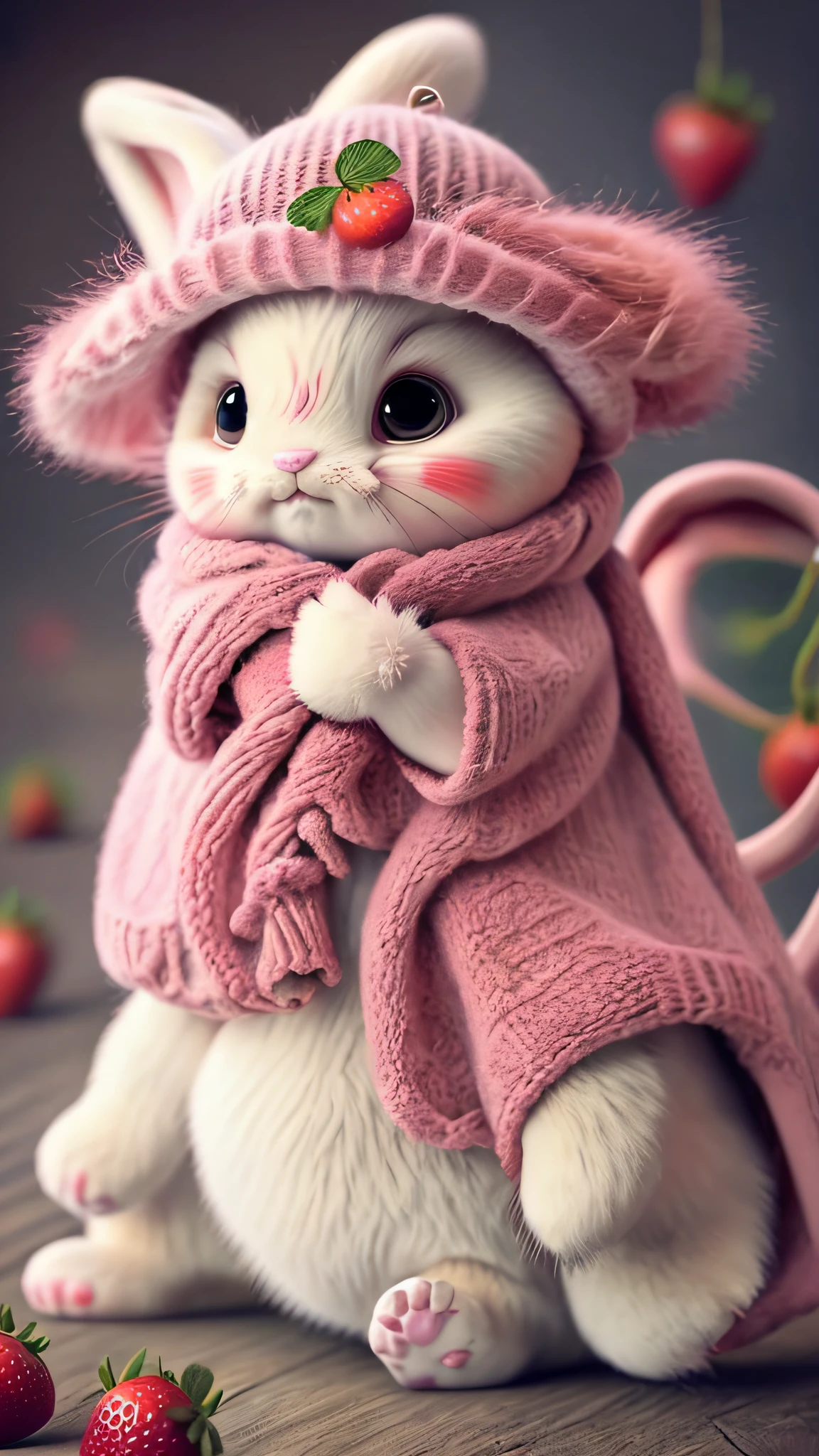 : 3. bunny, realistic, furry animal, apple, black eye, blush, cherry, food, fruit, full body, hat, non-human, strawberry, tomato, watermelon