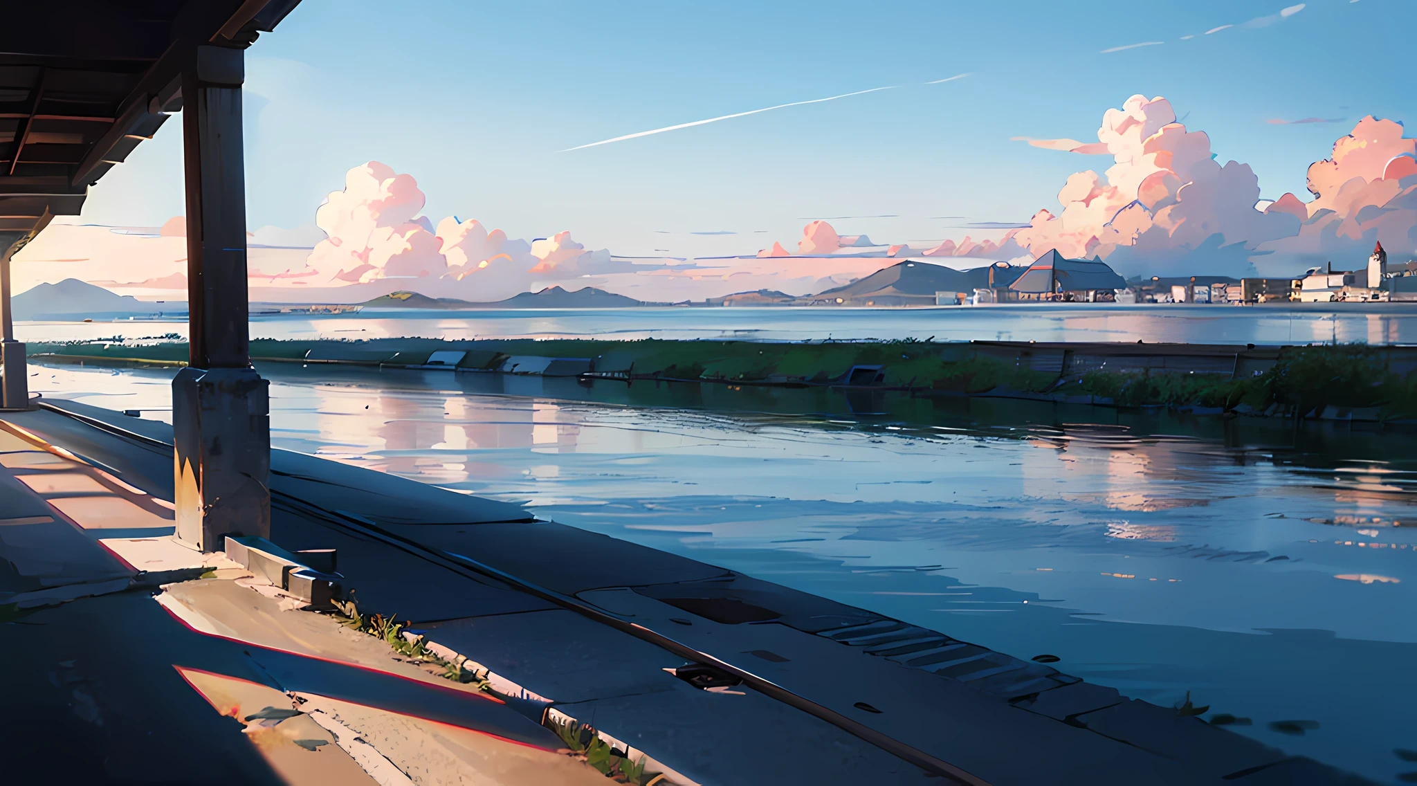 no humans, scenery, vanishing point, from below, masterpiece, best quality, 8k, absurdres, water surface, summer, noon, sunlight, blue sky, perspective, depth of field, highres, finely detail, ultra-detailed, sharp focus