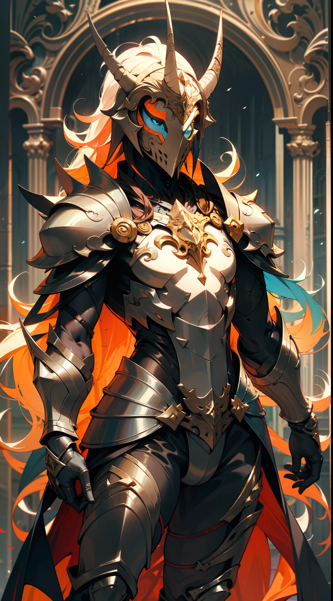 um homem de corpo inteiro, wildly rainbow colored long curly hair, fantasia sombria, armadura de cor azul, standing up, um fundo de masmorra medieval de fantasia escura