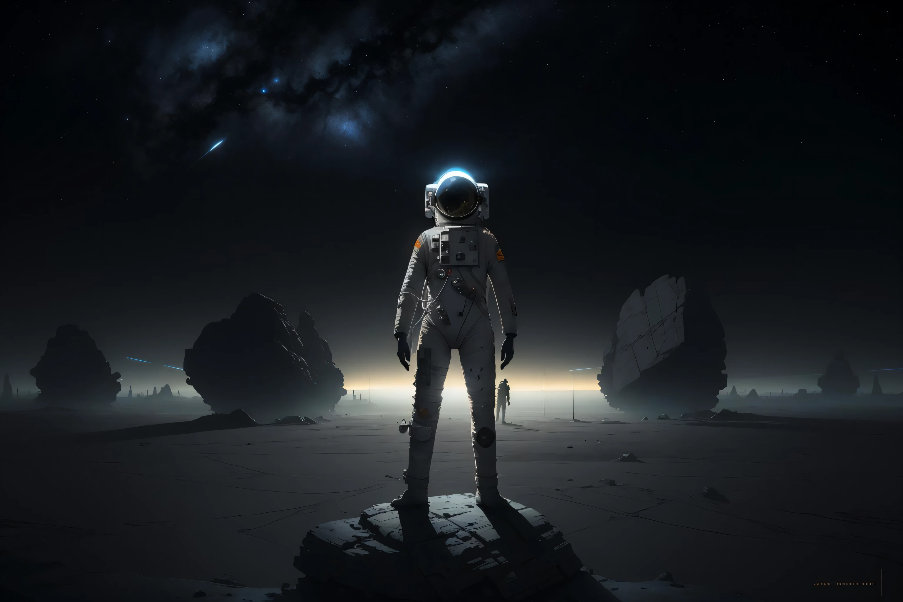an ultrafine detailed portrait of a spaceman standing on a barren planet in the middle of the night, astronaut helmet, solo, space art, landscape with analogous colors, rocks, mountains, stars, white plastic panels, negative space, spacecraft, by John Berkey, by Chris Foss, by Stephan Martiniere, by Robert McCall, by Dan McPharlin, by Ian McQue, cgsociety, BREAK Hypermaximalist, Maximalism, Highres, High Quality, Highly Detailed, Ultra-Detailed