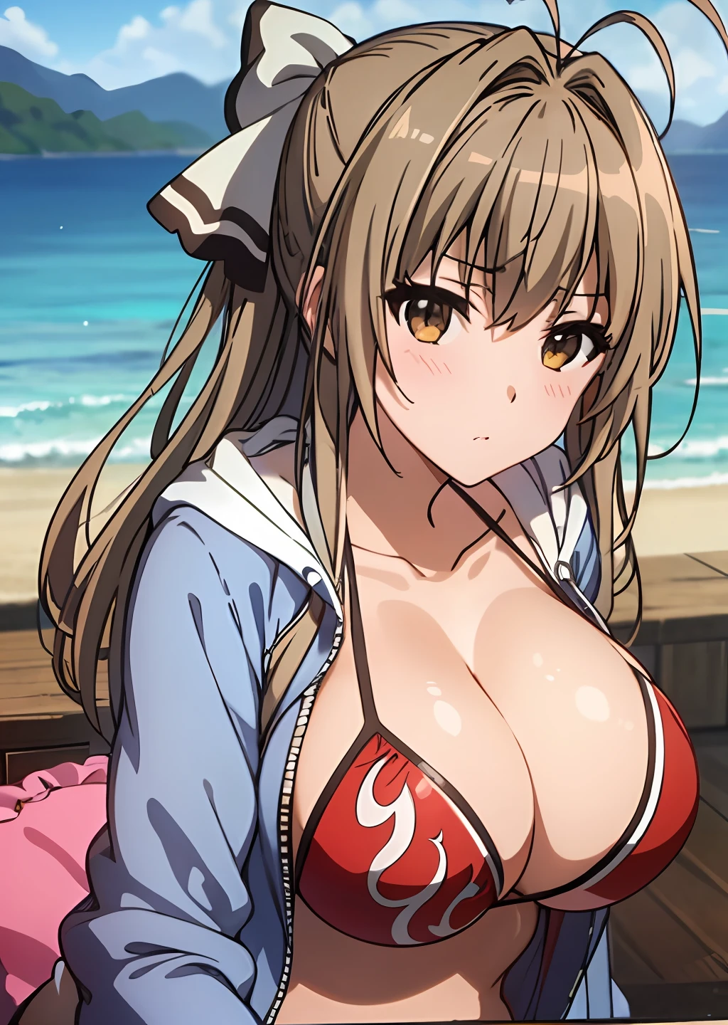 SeaArtBot Txt2Img 02:20:39 Task ID：44014568726597 Masterpiece、beste Quality、Sento Isuzu、Sento Isuzu、Hair ribbon、brown eyess、Antenna Hair、Giant tits、in 8K, beste Quality, ultra-highres, Depth Field, straight-on shot , from miiddle , 1girls, , perfect glossy skin, flawless skin, Fair skin, gigantic breastss, cleavage breasts, Narrow waist, thin blush,Wearing a pink micro bikini and hoodie、（High-leg string、Low leg string、 looking at the viewers, Light Smile,sweats、(Gravure Pose:1.1）、the beach、Blur background、appeal、a beautifu、KyoAni、Kyoani style、A sexy、cowboy-shots、