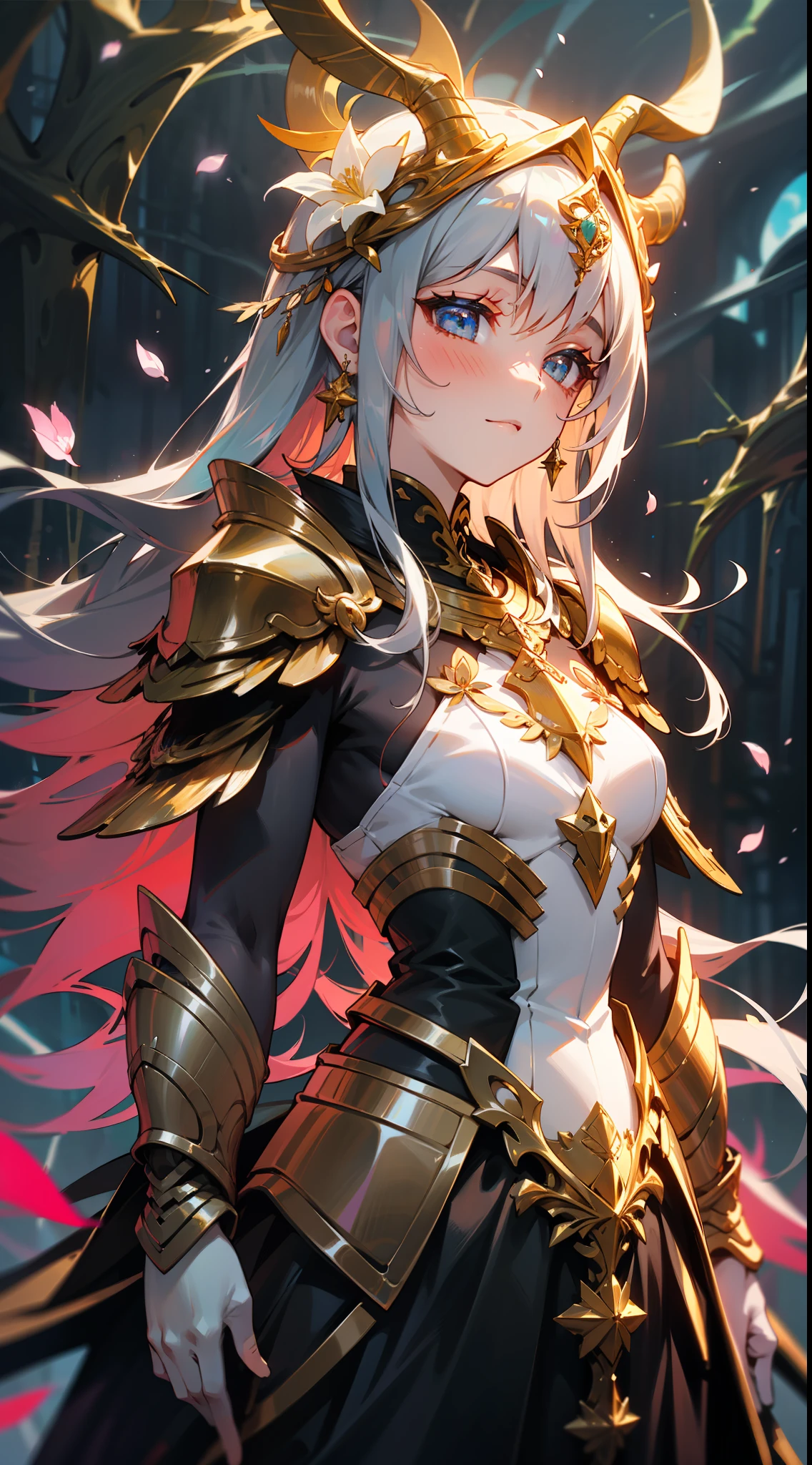 Uma deusa da floresta com uma coroa de flores, wearing colorful armor with petals and shiny jewelry, em uma floresta de folhas azuis, with cosmic sky