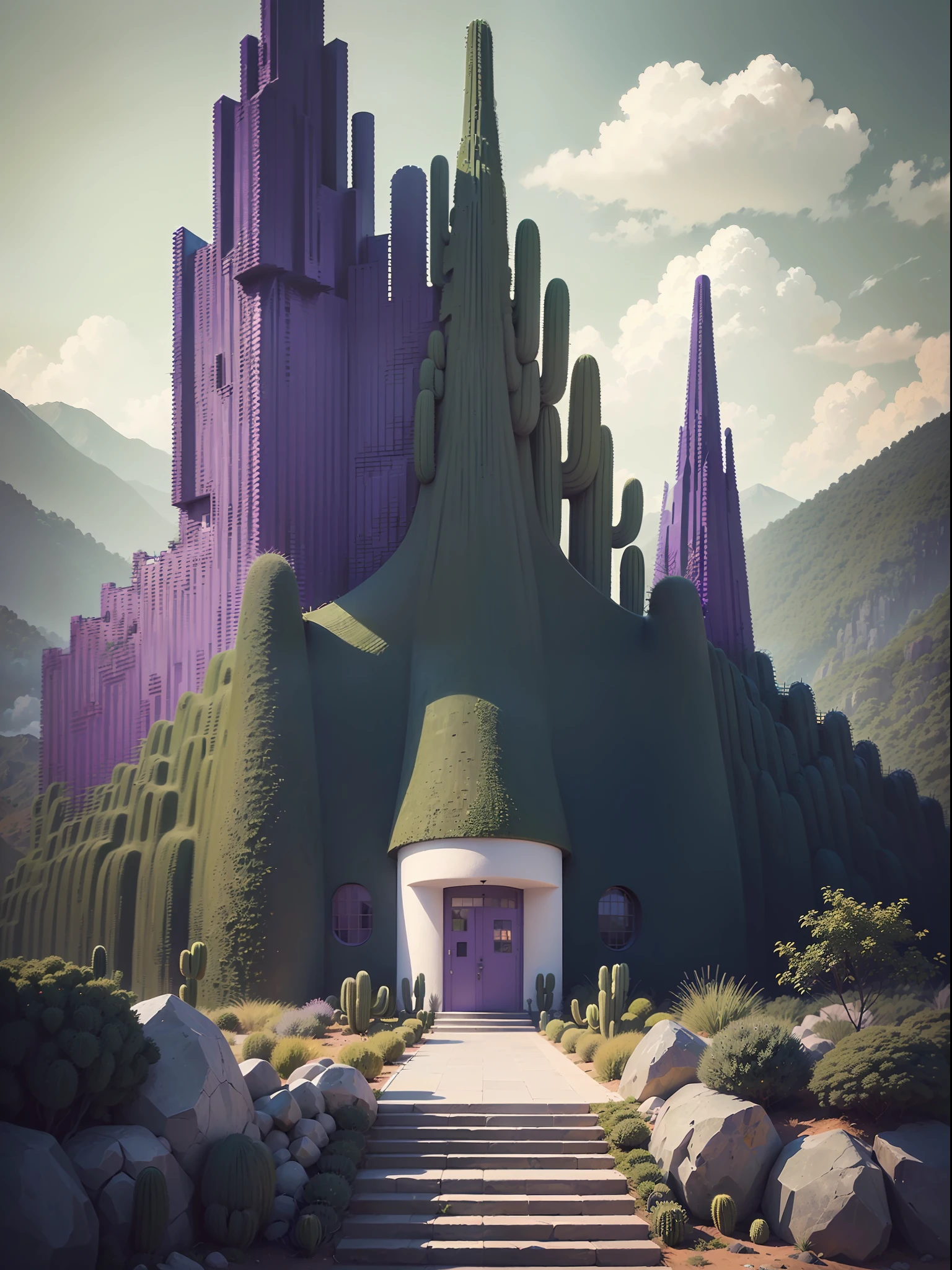 Illustration, a garden whit abundant cacti, various organic sculptures, big rocks, (((multiple sections))), collage style, detailed, (((color palette olive green, violet, grey, blue, black and white))), (((a lot Luis barragán's architecture style builds))) big clouds, mountains in horizon, stairs, bridge, in the forest. ((masterpiece, best quality)),illustration,ultra detailed 8k