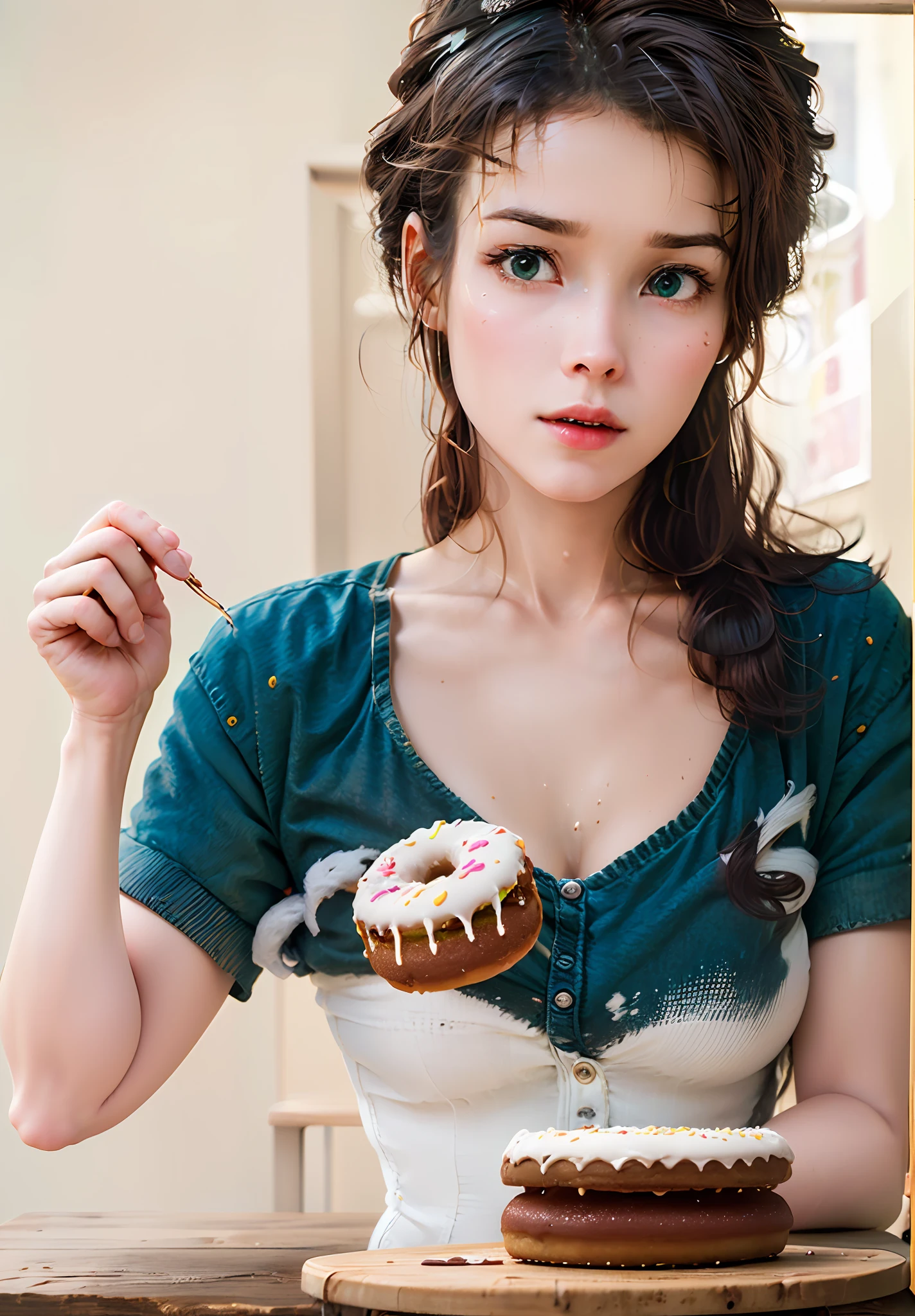 "(((obra-prima))) ((Impeccable quality)), ((pintura com pincel ultra-detallhada)), ((Realistic school setting in green neon style)), ((Menina de 10 anos comendo Donuts saborosamente,..3d)), ((8K FULL HD)), Realistic appearance."