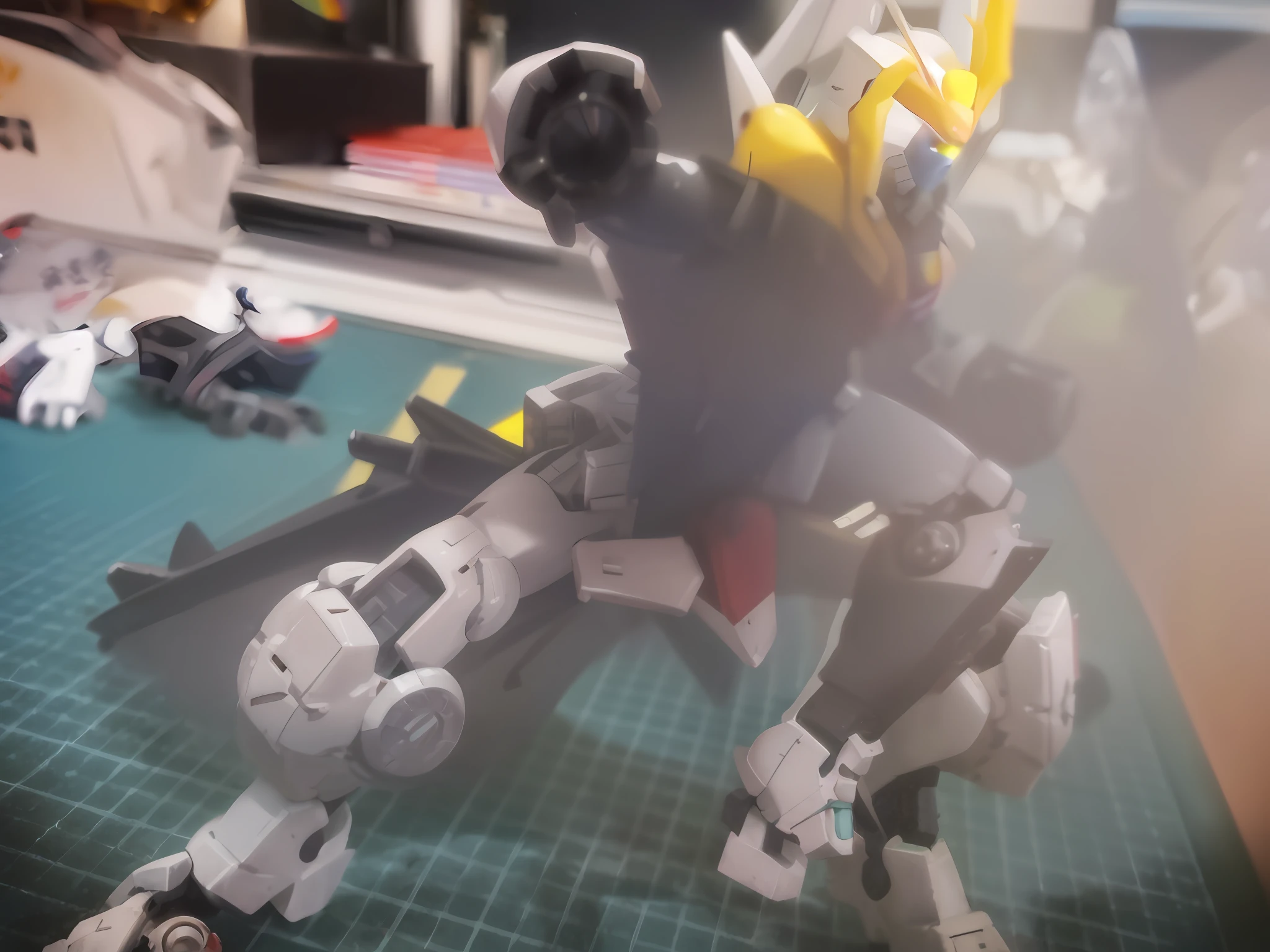 there is a toy robot that is sitting on a table, Barbatos Gundam, fused mecha parts, barbatos mobile suit, on a gundam, gundam wing style armor, gundam style, GUNPLA, gundam armor, well detailed,great clarity, extra detailed body, mecha limbs, partially covered with dust, gundam is windmill shaped, 1 3 5 mm!!